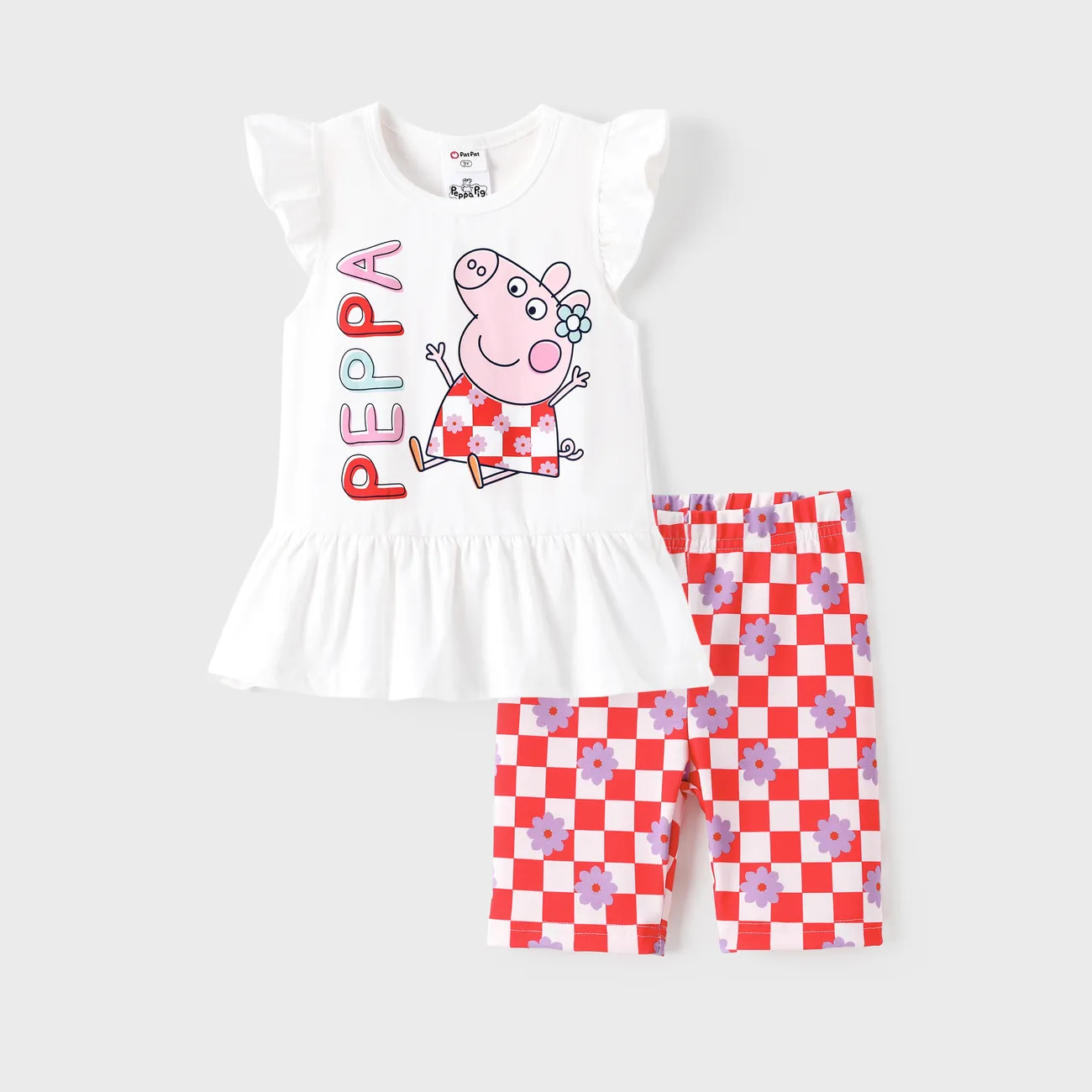 Peppa Pig Toddler Girl 2pcs Cotton Ruffle-sleeve Top and Naia™ Floral Plaid Leggings Set