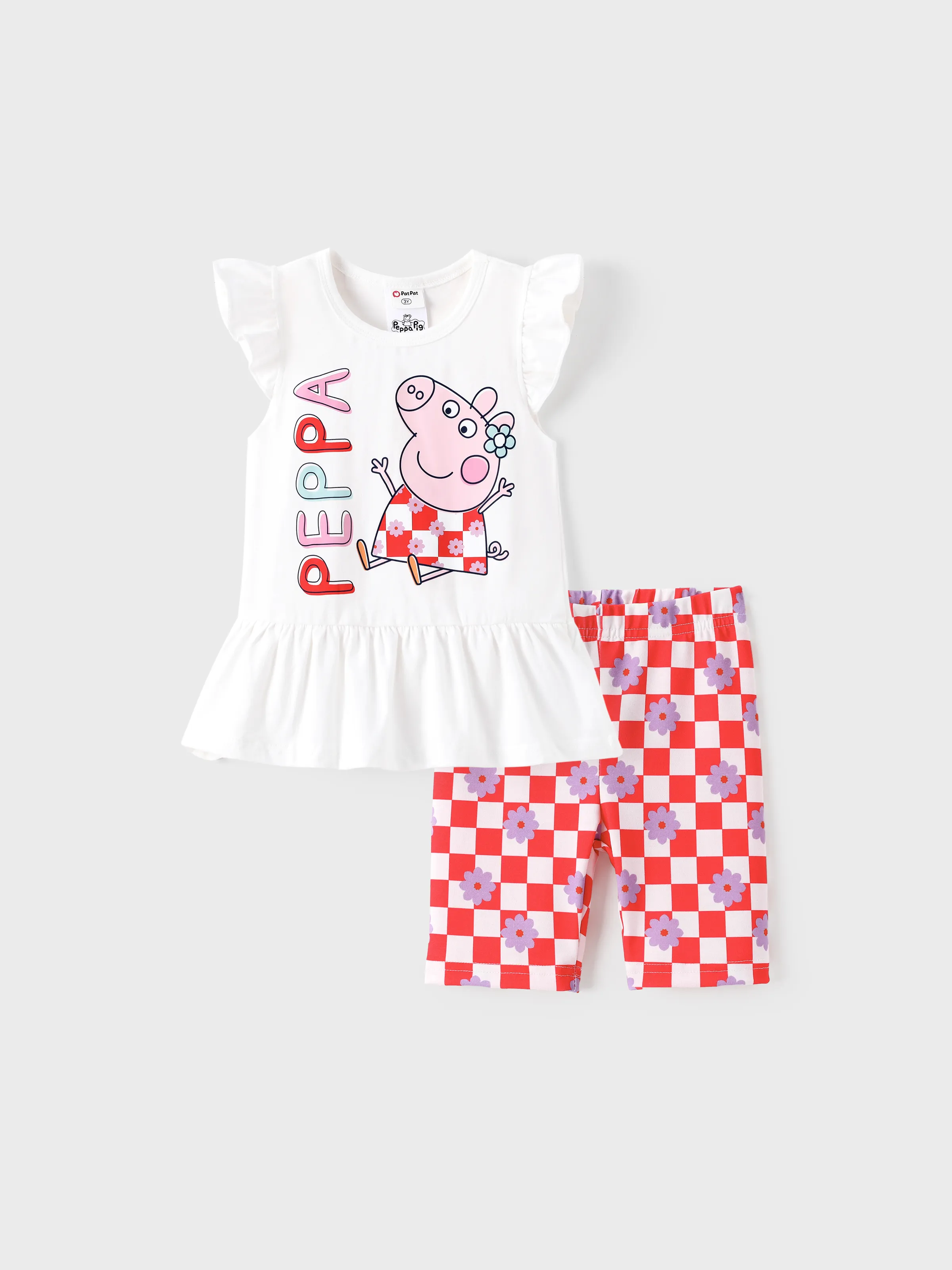 Peppa Pig Toddler Girl 2pcs Cotton Ruffle-sleeve Top and Naia™ Floral Plaid Leggings Set 