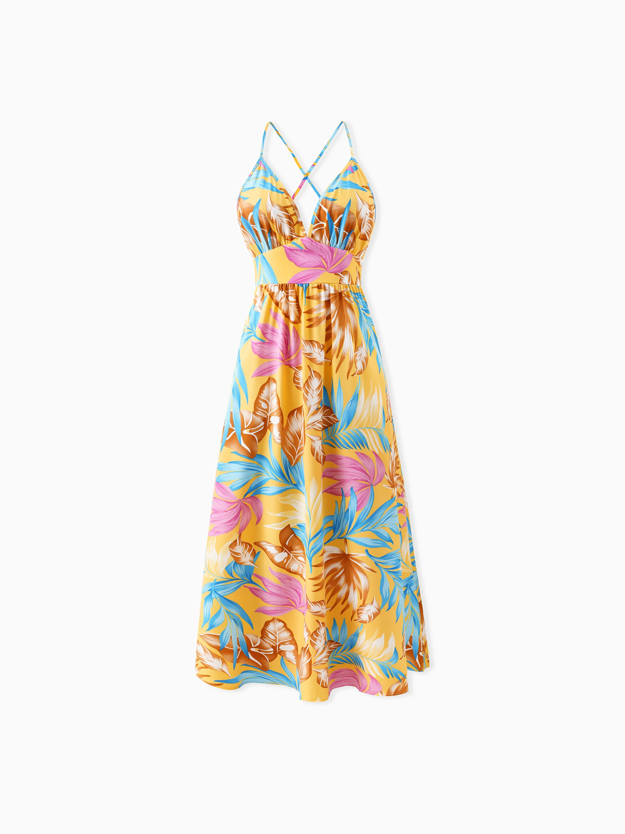 

Family Matching Yellow Set Tropical Leaf Print Short-sleeve Shirt or Strap Dress