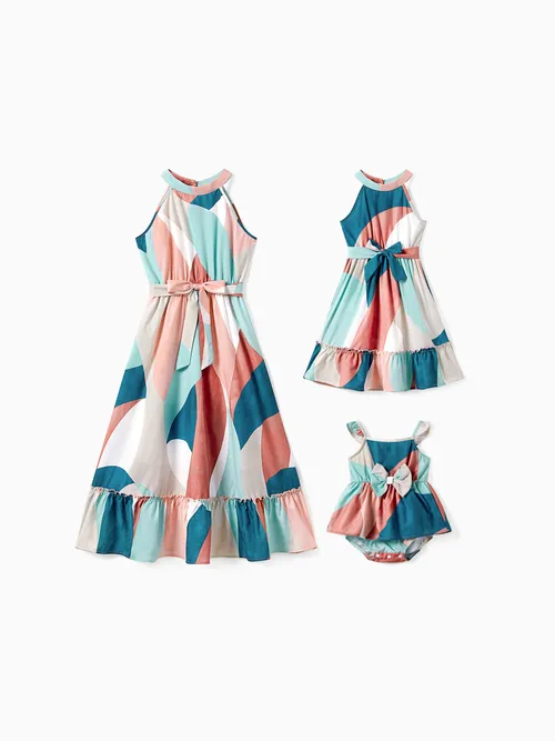 Mommy and Me Multi-Color High Neck Halter Ruffle Hem Belted Dress