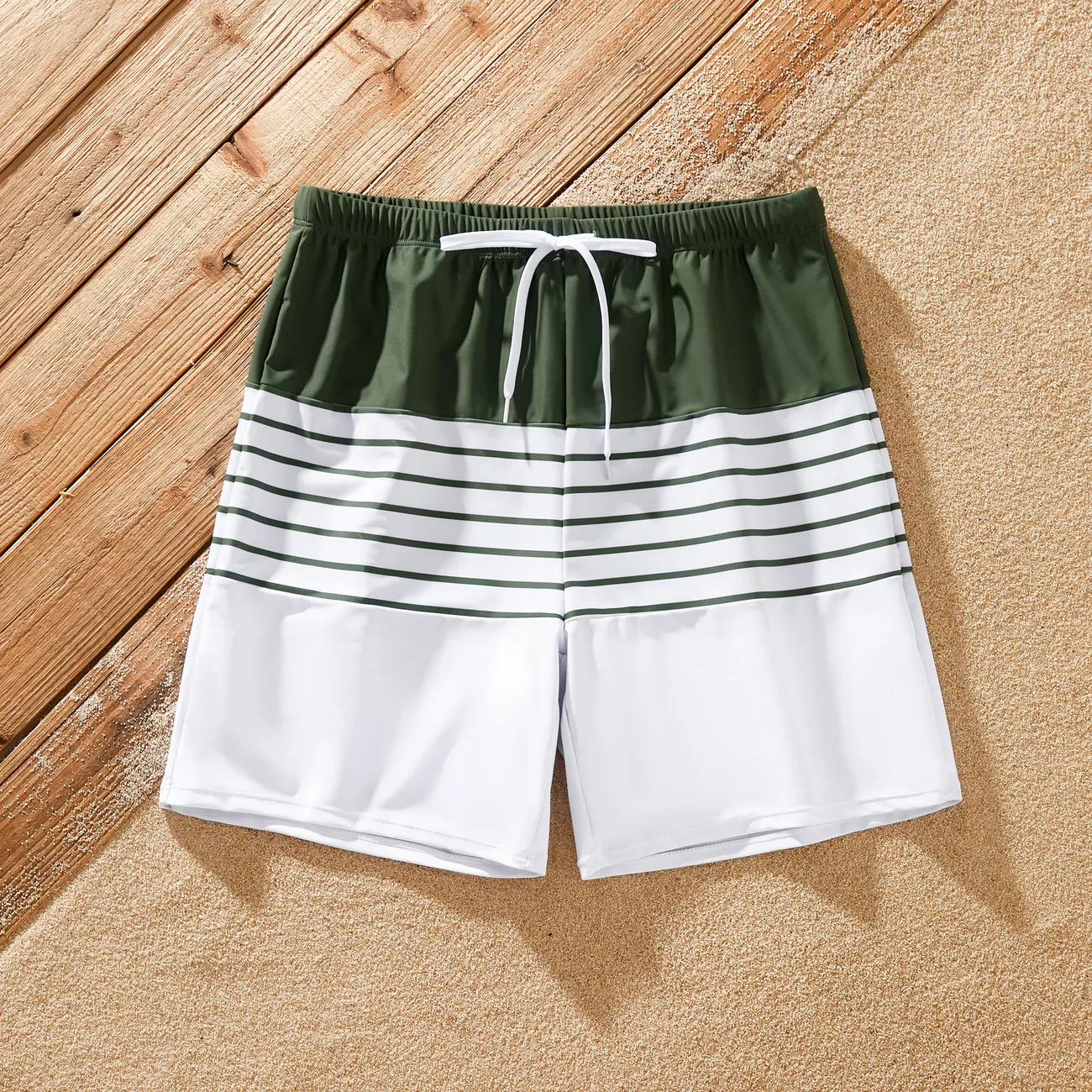 Family Matching Olive Green Stripe Ruffle 2-piece Bikini Swimwear With Cover up Skirt or Colorblock Swim Trunks