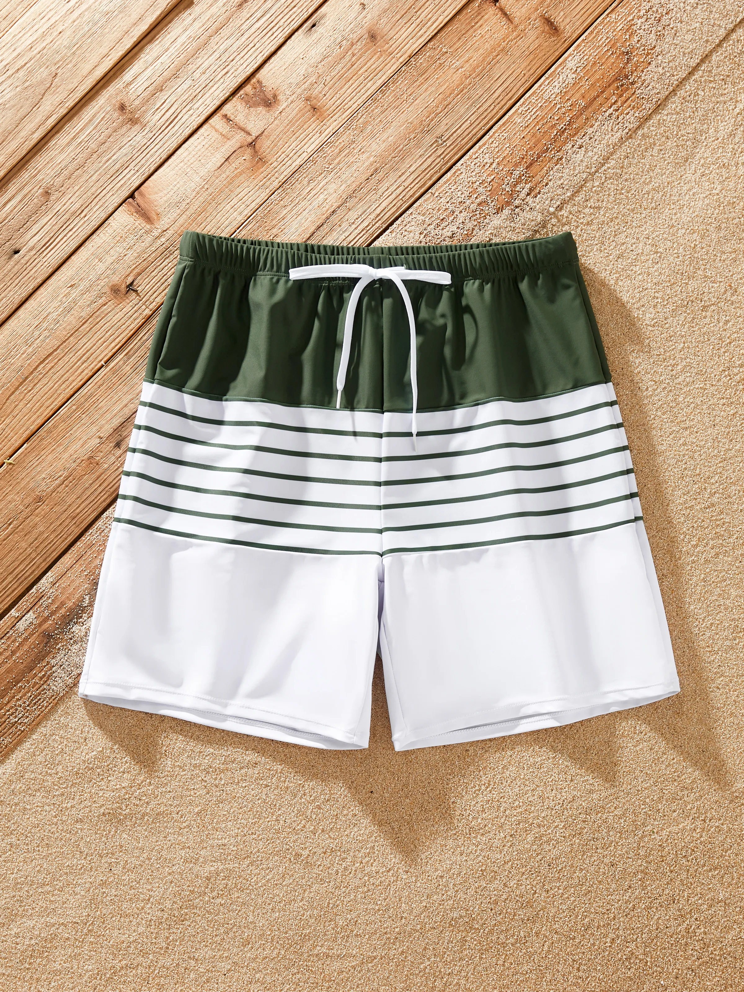 

Family Matching Olive Green Stripe Ruffle 2-piece Bikini Swimwear With Cover up Skirt or Colorblock Swim Trunks