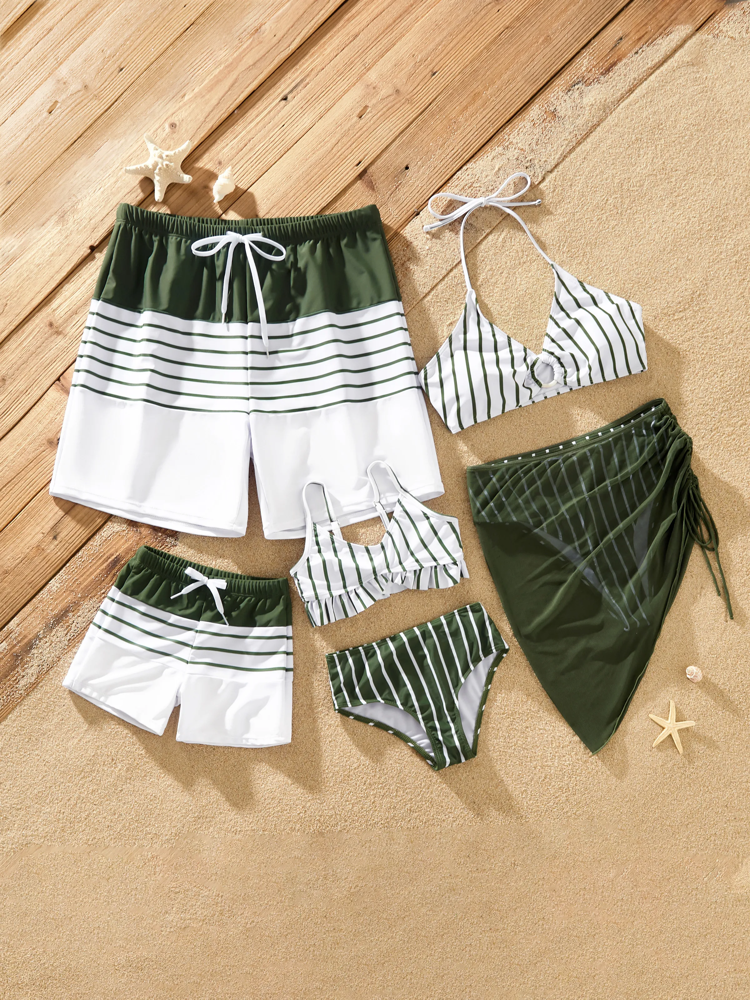 Family Matching Olive Green Stripe Ruffle 2-piece Bikini Swimwear With Cover up Skirt or Colorblock Swim Trunks