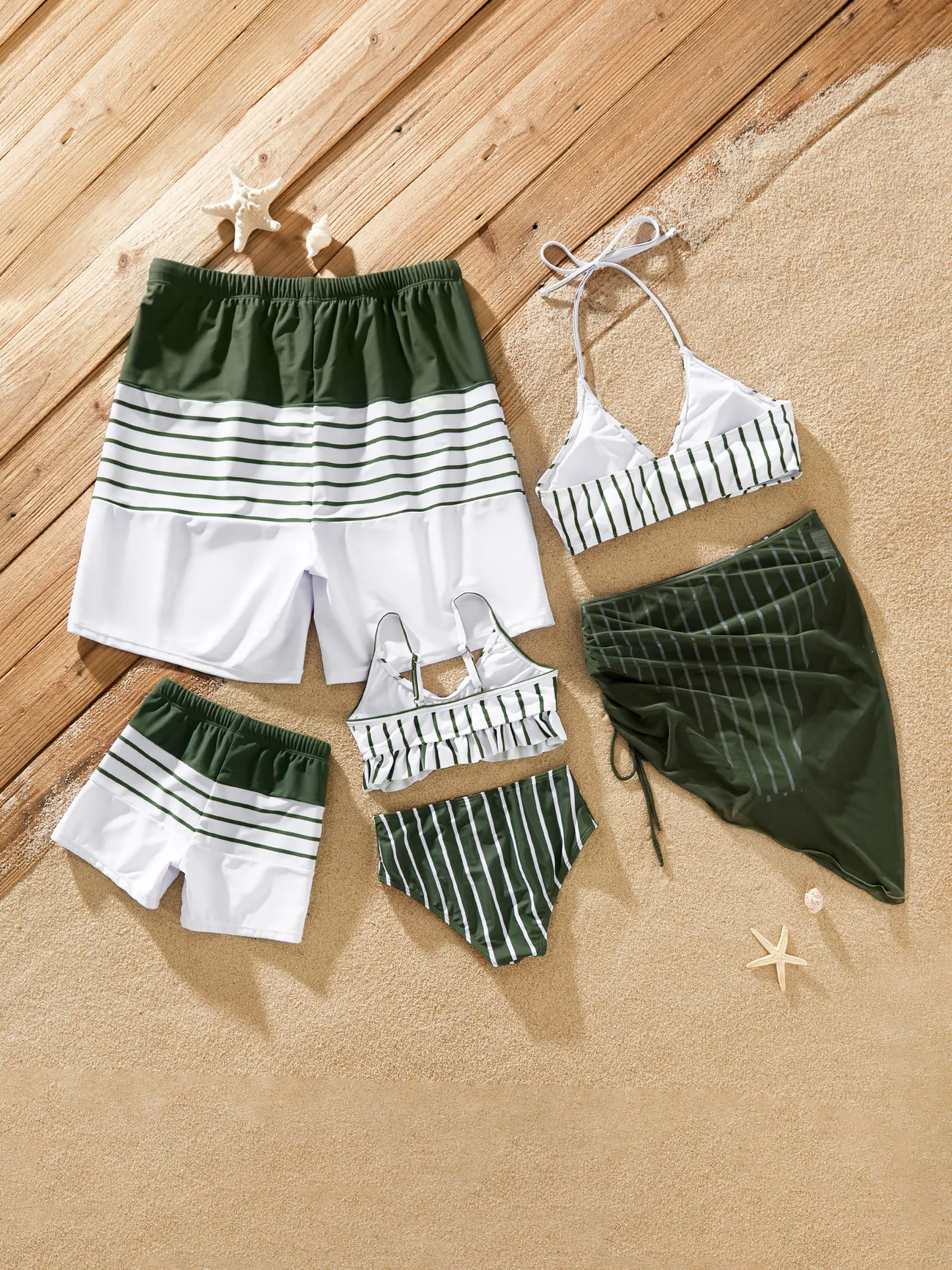 Women - Family Matching Olive Green Stripe Ruffle 2-piece Bikini Swimwear With Cover up Skirt or Colorblock Swim Trunks - Army green - image 3