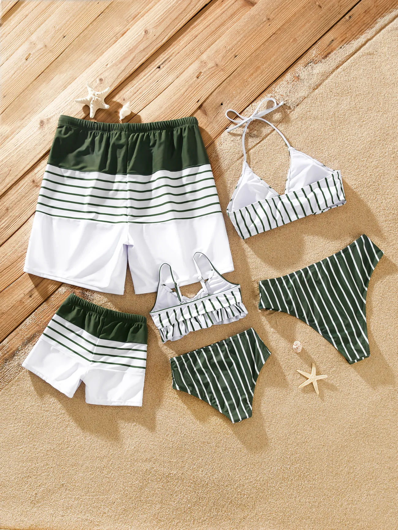 Women - Family Matching Olive Green Stripe Ruffle 2-piece Bikini Swimwear With Cover up Skirt or Colorblock Swim Trunks - Army green - image 5