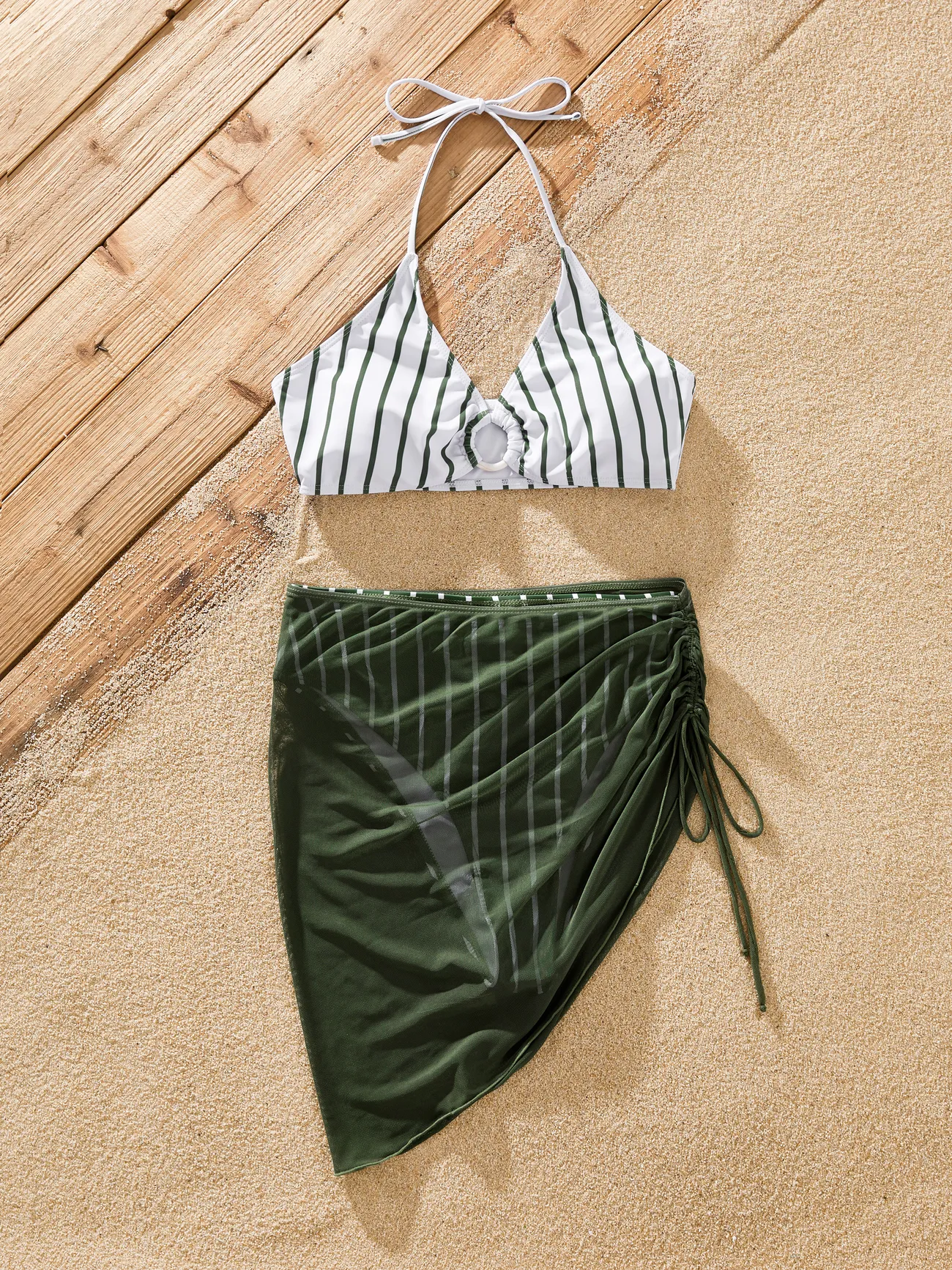 Women - Family Matching Olive Green Stripe Ruffle 2-piece Bikini Swimwear With Cover up Skirt or Colorblock Swim Trunks - Army green - image 2
