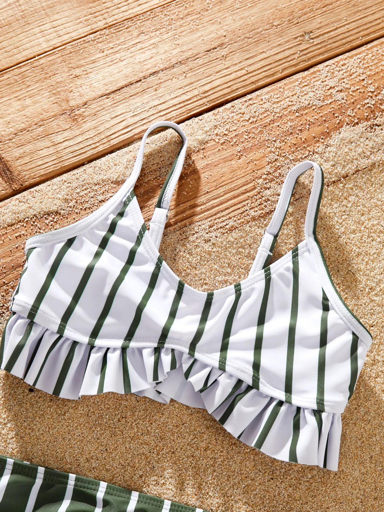 Girl - Family Matching Olive Green Stripe Ruffle 2-piece Bikini Swimwear With Cover up Skirt or Colorblock Swim Trunks - Army green - image 9