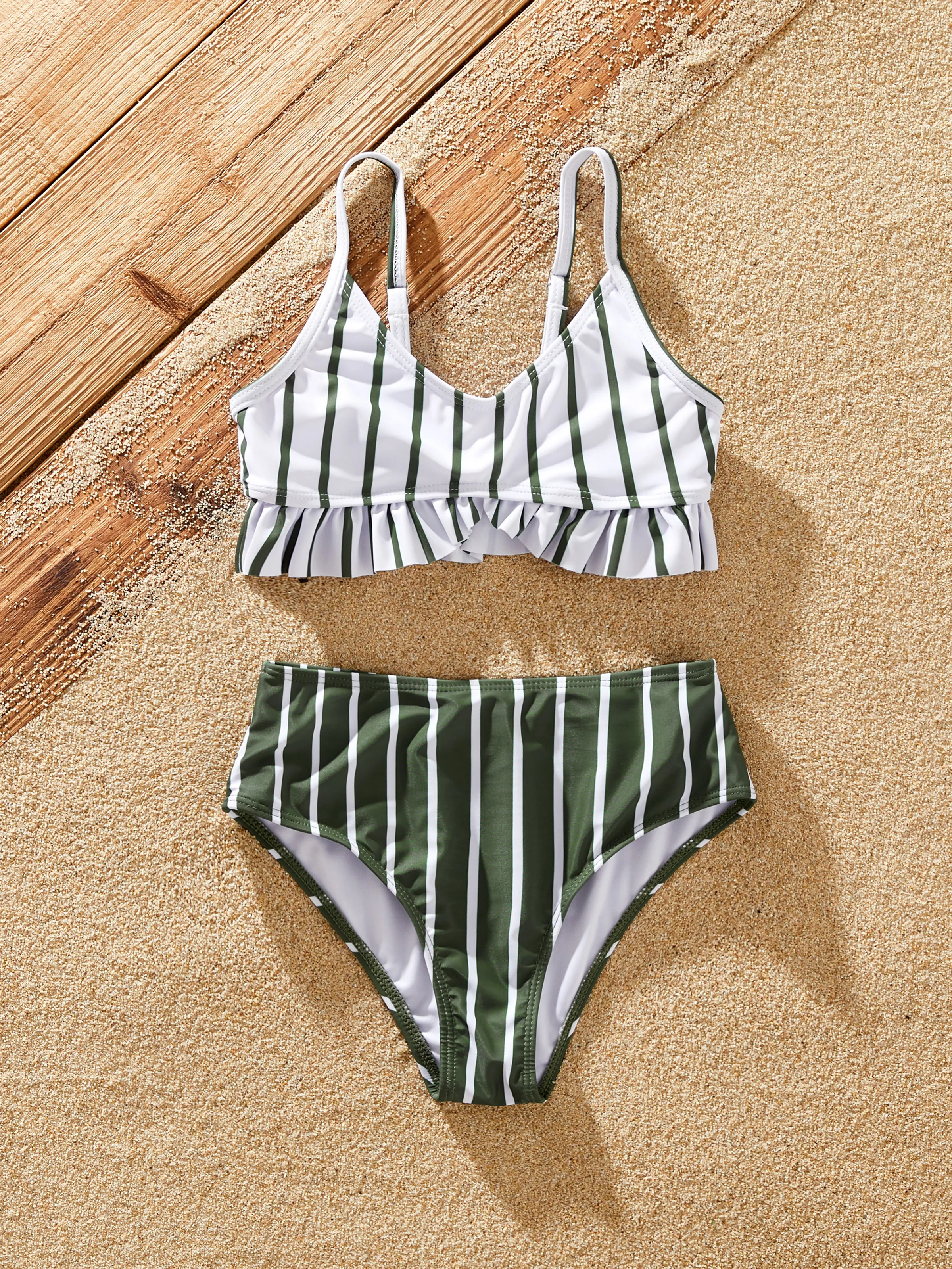 

Family Matching Olive Green Stripe Ruffle 2-piece Bikini Swimwear With Cover up Skirt or Colorblock Swim Trunks