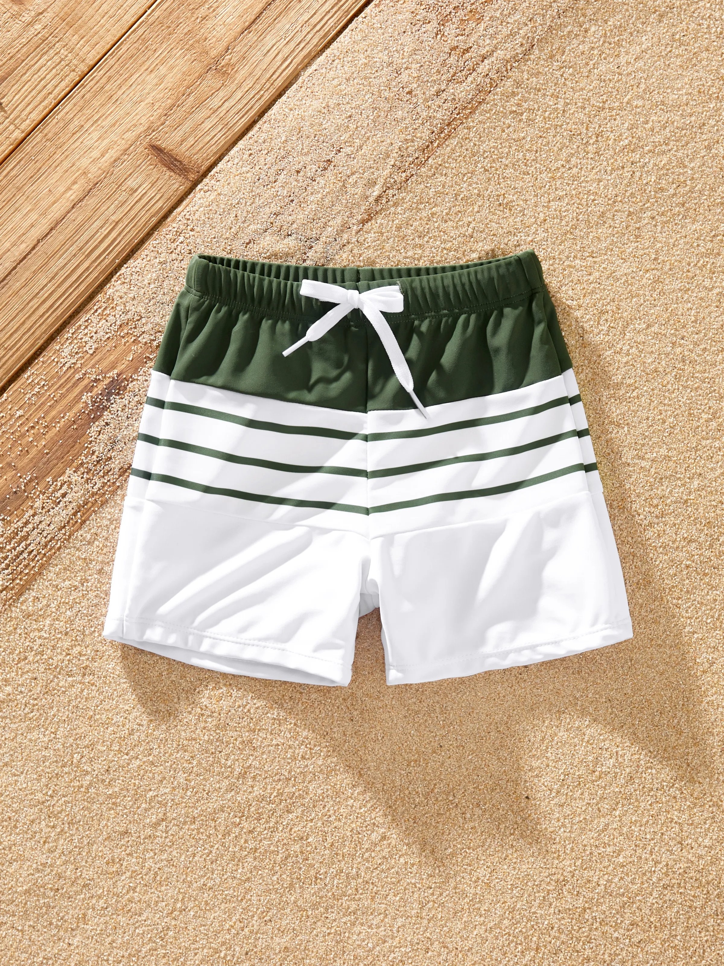 

Family Matching Olive Green Stripe Ruffle 2-piece Bikini Swimwear With Cover up Skirt or Colorblock Swim Trunks