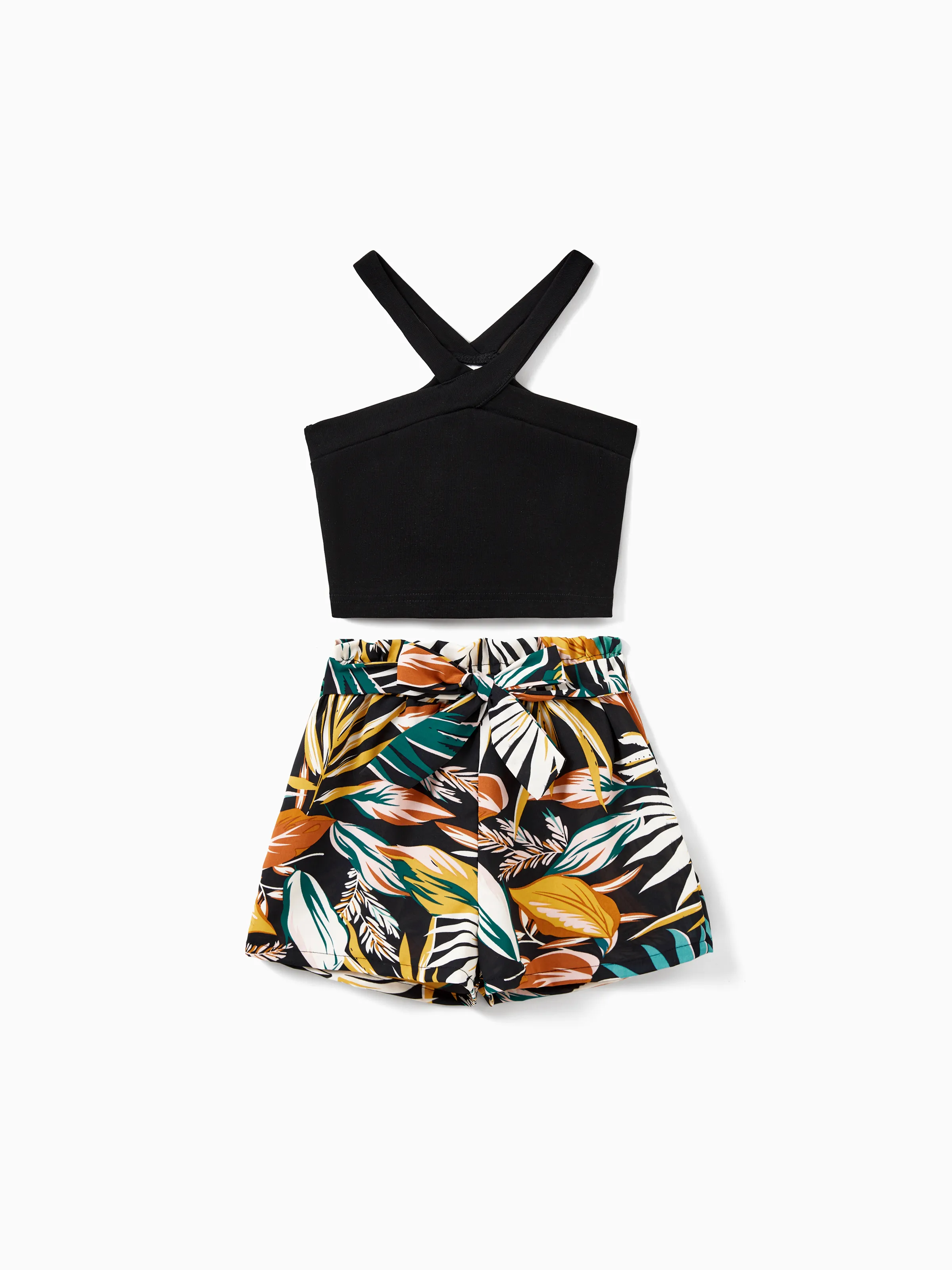 

Matching Family Outfits for Mommy and Me Tropical Leaf Print Shorts Set with Criss-Cross Halter Top