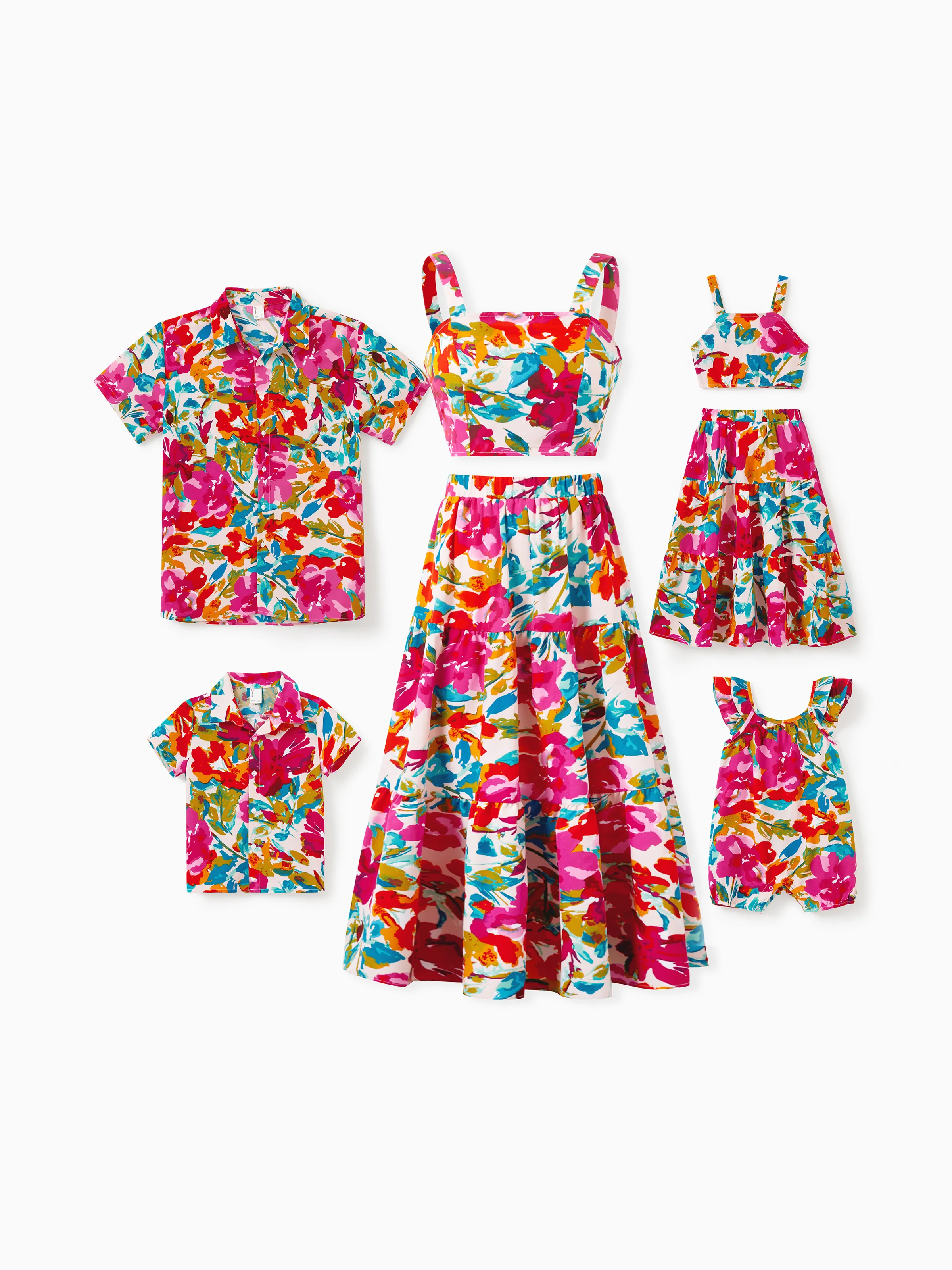 色彩繽紛的家庭配套服裝無袖肩帶上衣和裙子套裝和襯衫套裝夏季度假服裝，適合海灘、攝影、旅行
