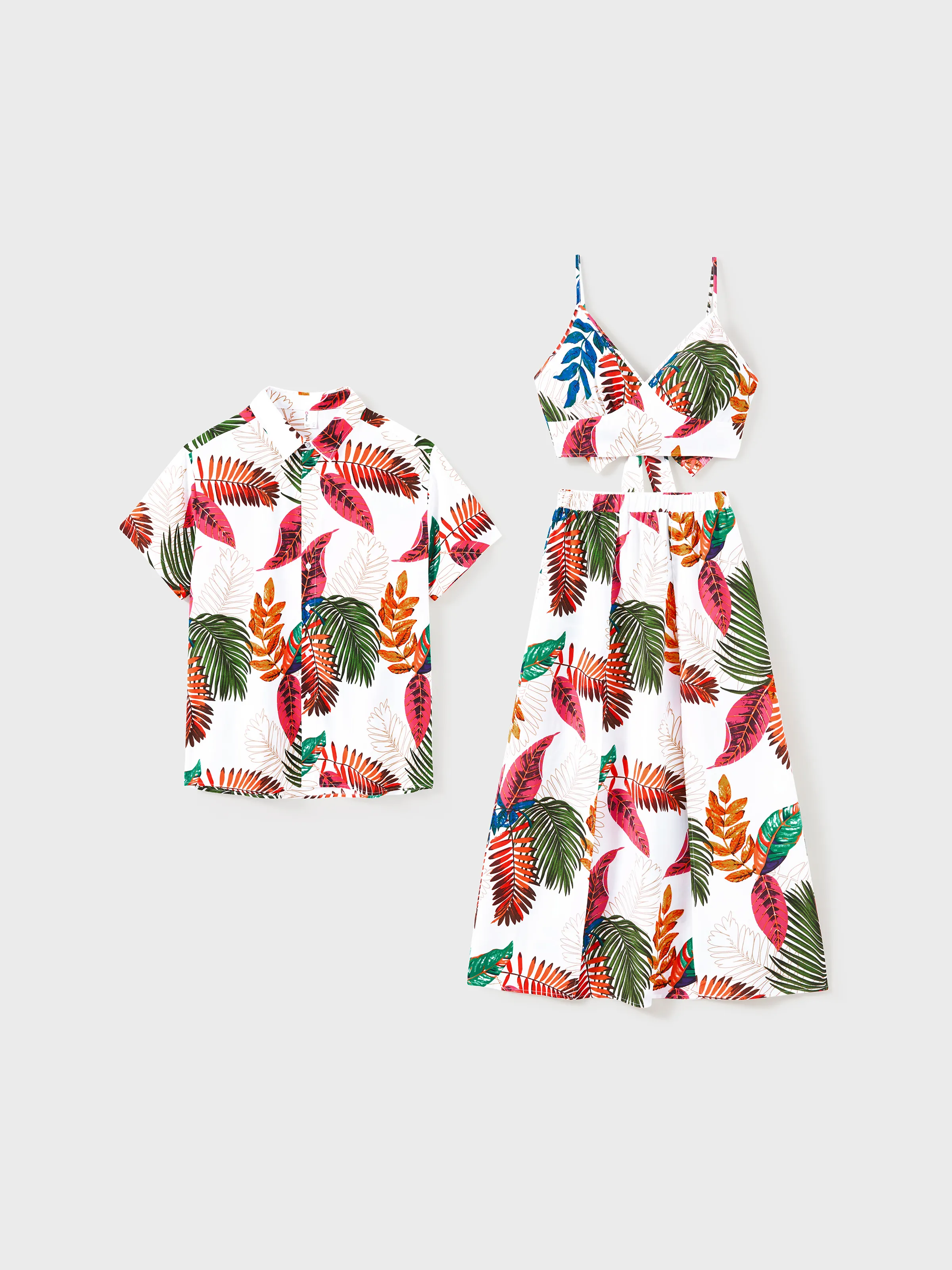 Family Matching Couple Outfits Tropical Leaf Print Tie‑Front Camisole Top & Skirt or Short‑Sleeve Hawaiian Shirt Beachwear Set 