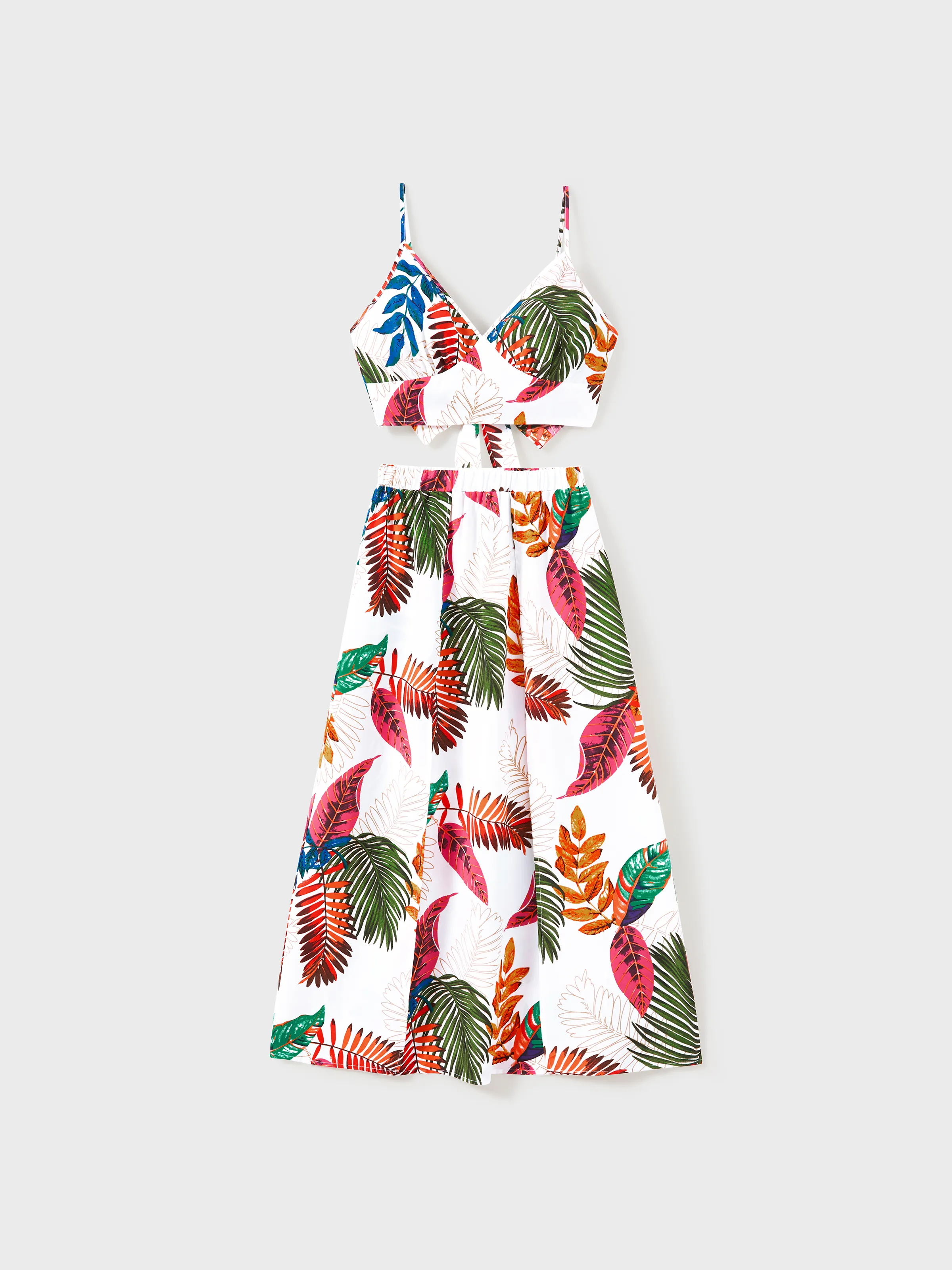 

Family Matching Couple Outfits Tropical Leaf Print Tie‑Front Camisole Top & Skirt or Short‑Sleeve Hawaiian Shirt Beachwear Set