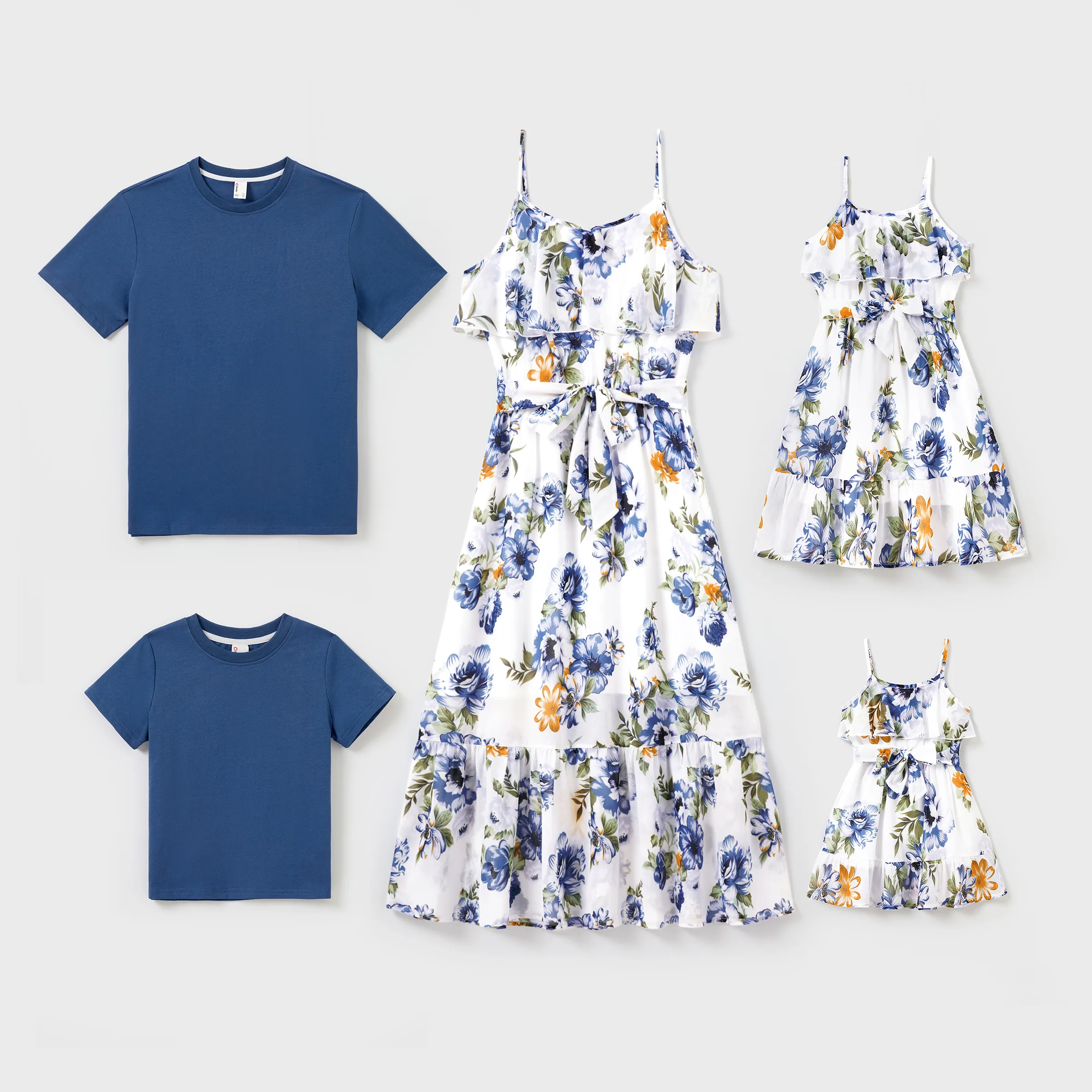 Matching Family Outfits Blue Cotton T-Shirts or Floral Print Ruffle Strap Belted Dress Summer Family Look Set for Beach, Travel, and Photos