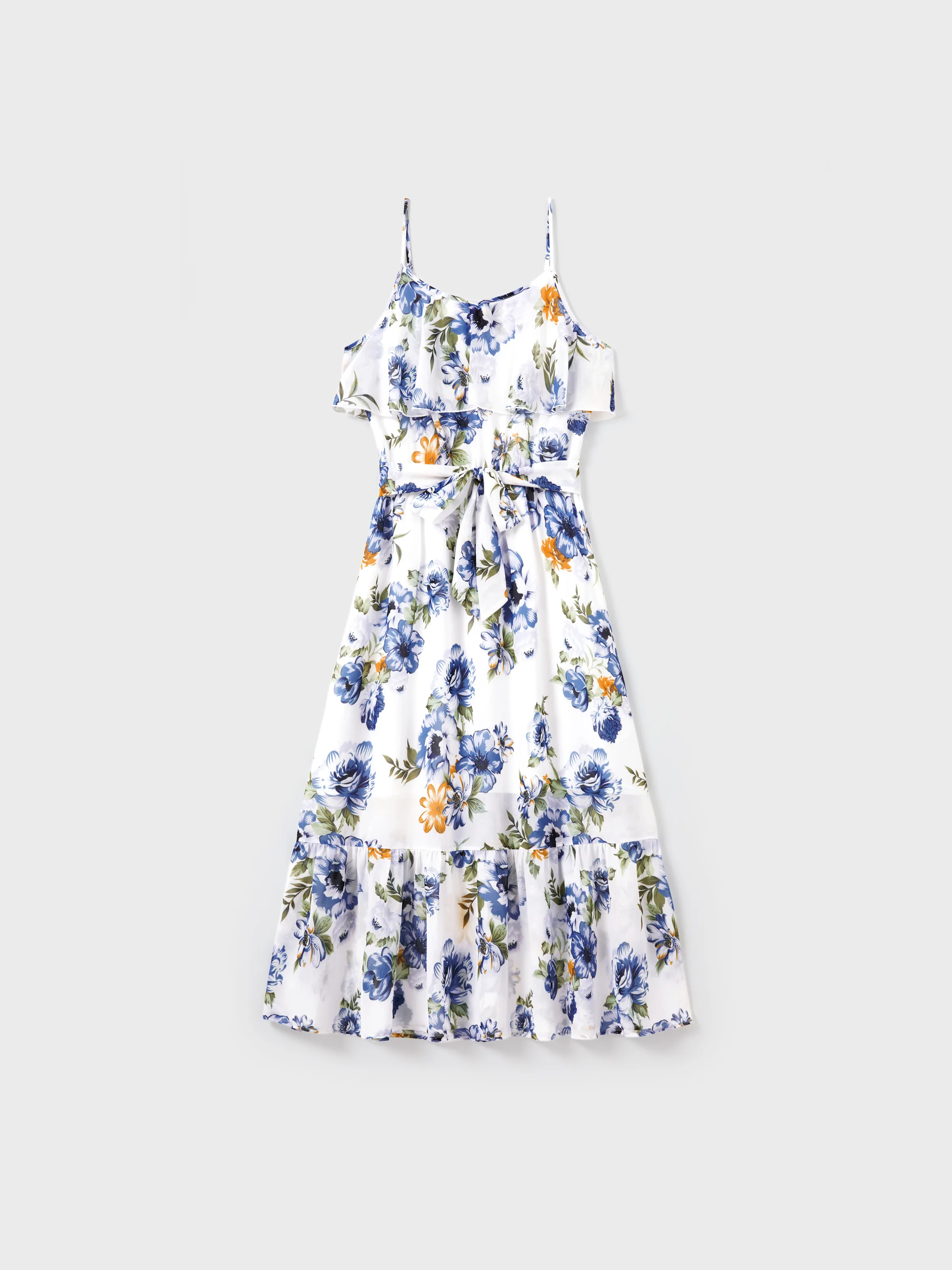 

Matching Family Outfits Blue Cotton T-Shirts or Floral Print Ruffle Strap Belted Dress Summer Family Look Set for Beach, Travel, and Photos