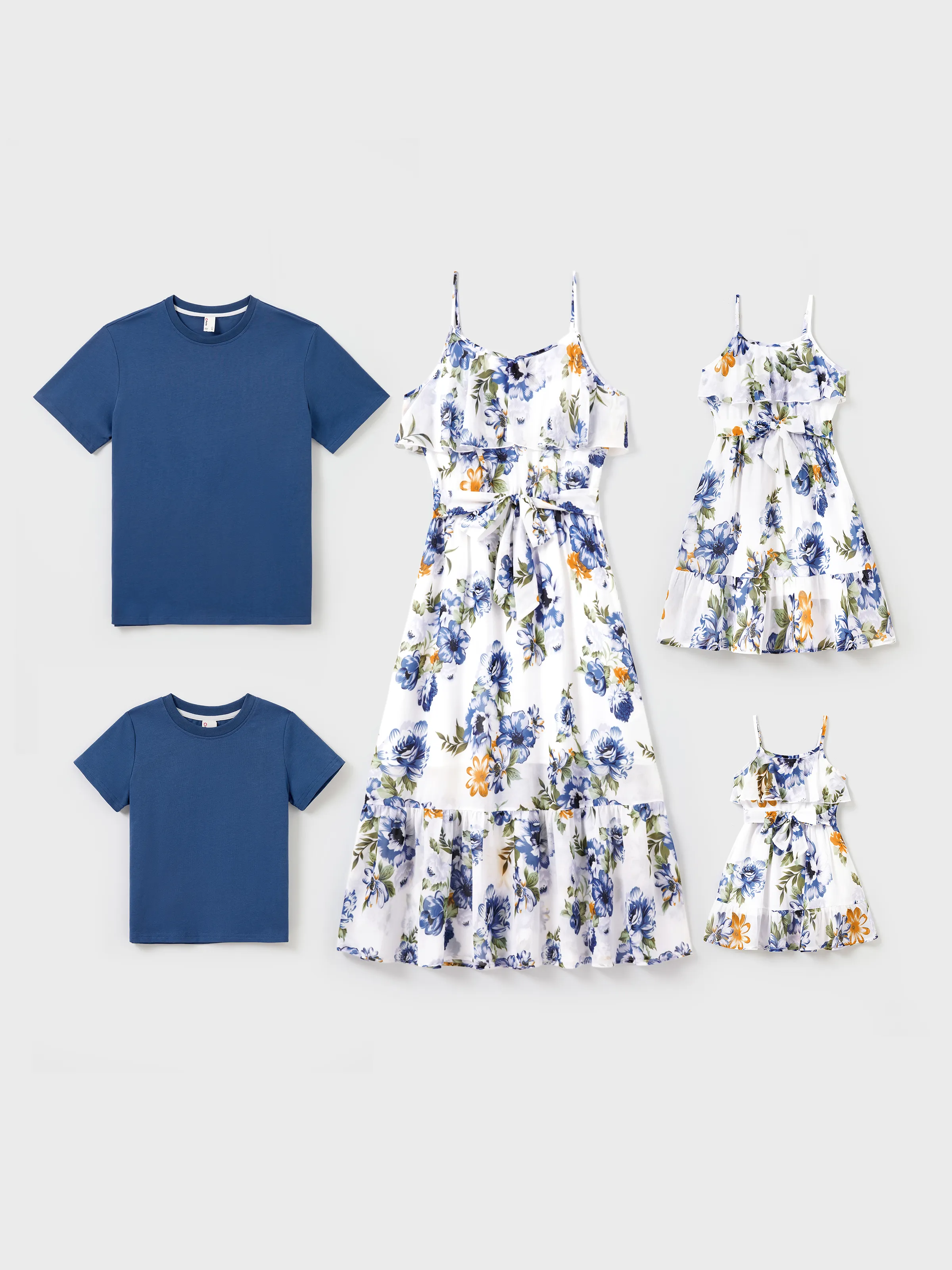 Matching Family Outfits Blue Cotton T-Shirts or Floral Print Ruffle Strap Belted Dress Summer Family Look Set for Beach, Travel, and Photos
