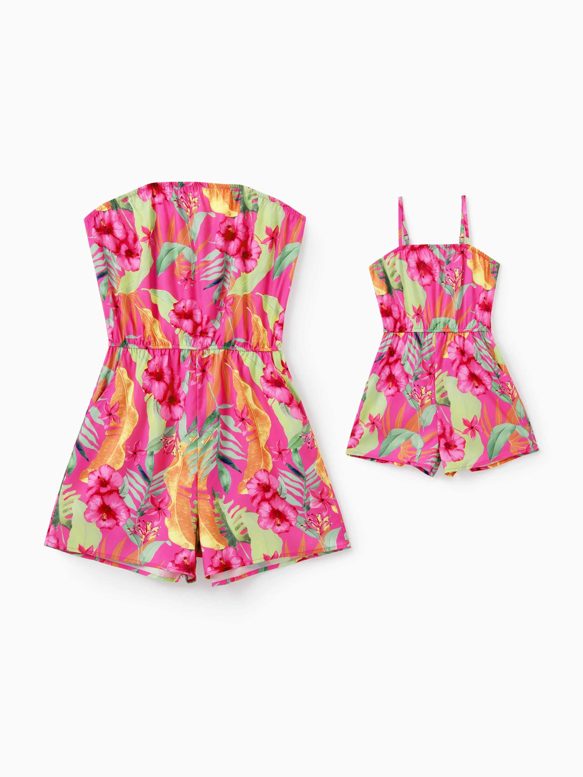 

Mommy and Me Matching Rompers Tropical Floral Strapless or Spaghetti Strap Jumpsuits for Mom and Daughter Summer Beach Outfit