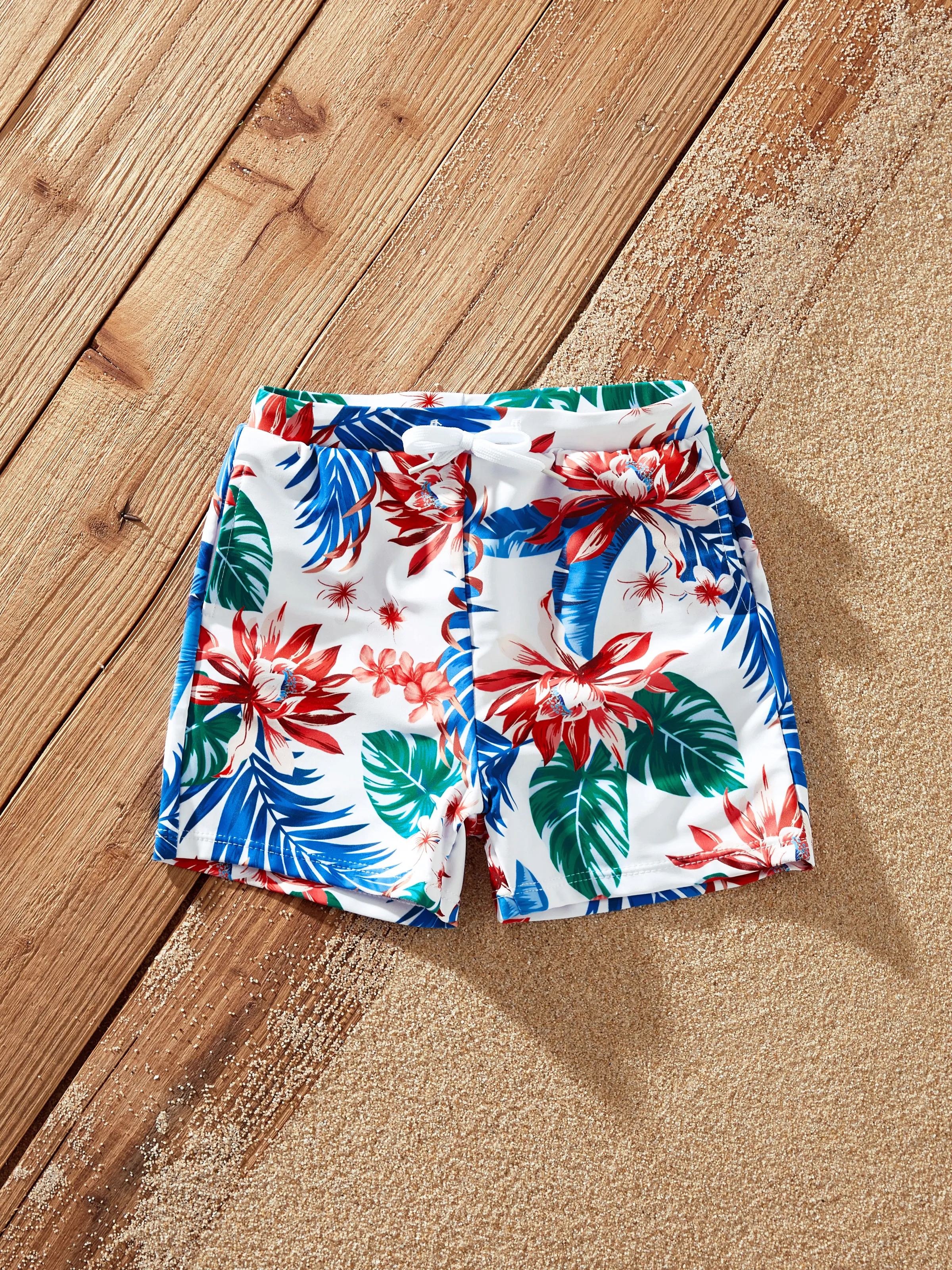 

Matching Family Swimsuits Tropical Plant Print Red Spaghetti Strap One-piece Swimsuit or Swim trunks