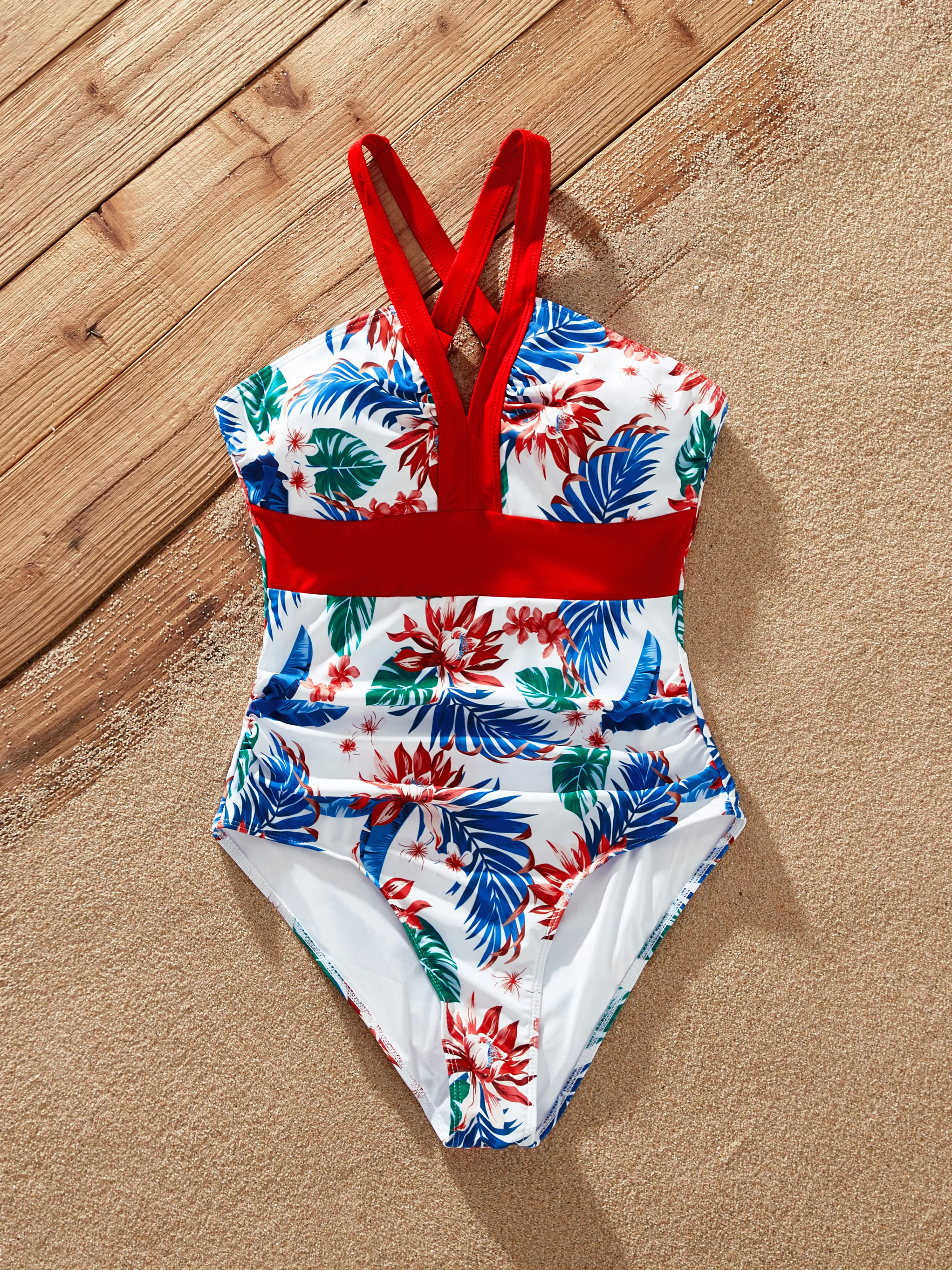 

Matching Family Swimsuits Tropical Plant Print Red Spaghetti Strap One-piece Swimsuit or Swim trunks