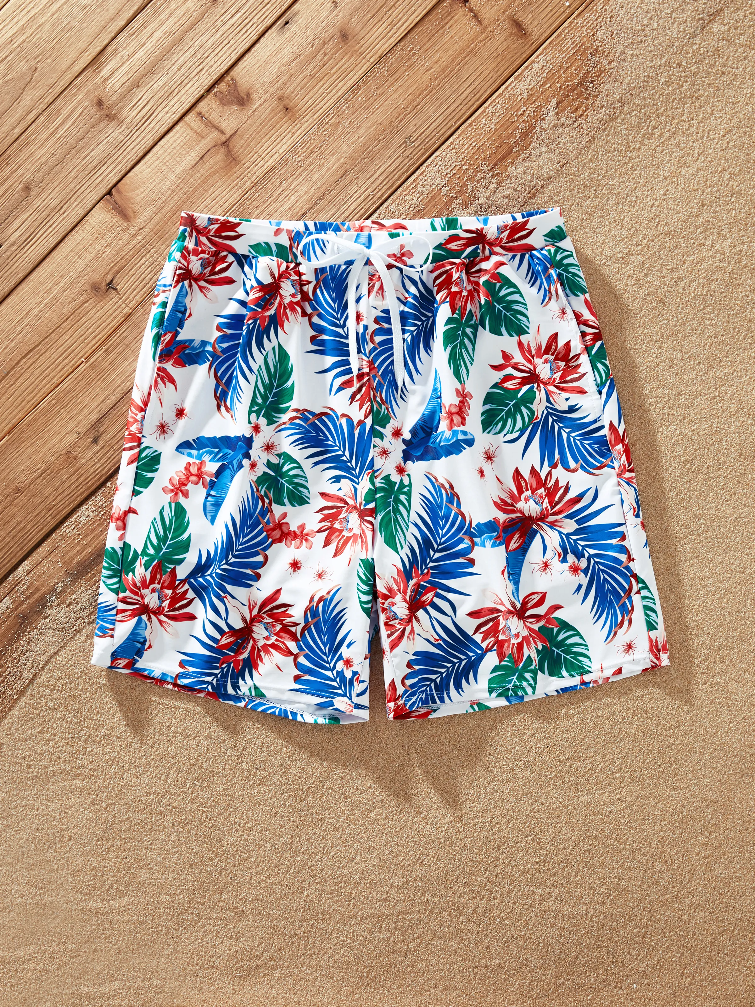 

Matching Family Swimsuits Tropical Plant Print Red Spaghetti Strap One-piece Swimsuit or Swim trunks