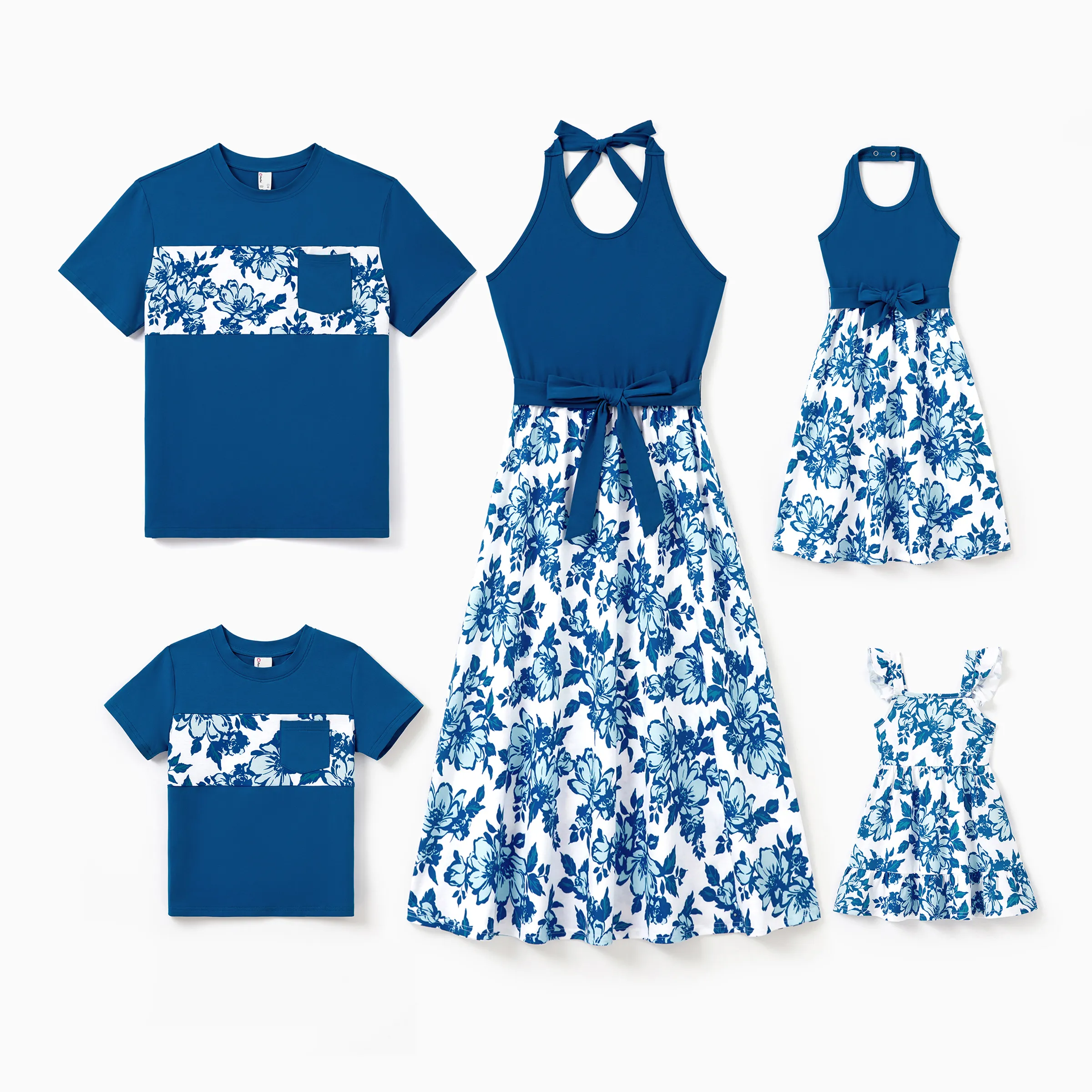 Family Matching Outfits Blue Floral Summer Clothes Halter Dress, or Colorblock T-Shirt Coordinated Look for Beach, Vacation, Photoshoot