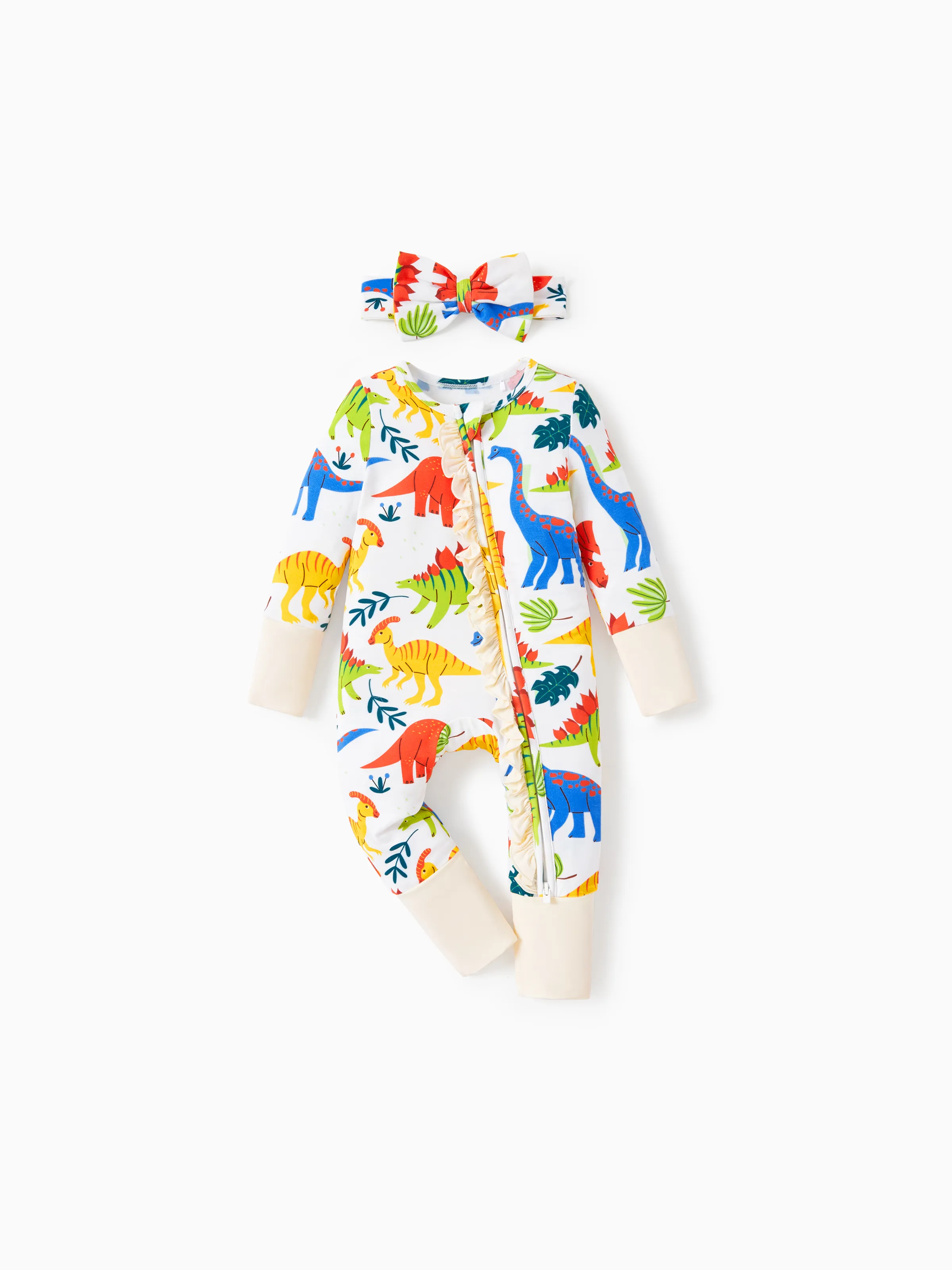 

Bamboo Baby Boy/Girl Animal Printed 2 Way Zipper Anti Slip Long-sleeve Footie with Hairband