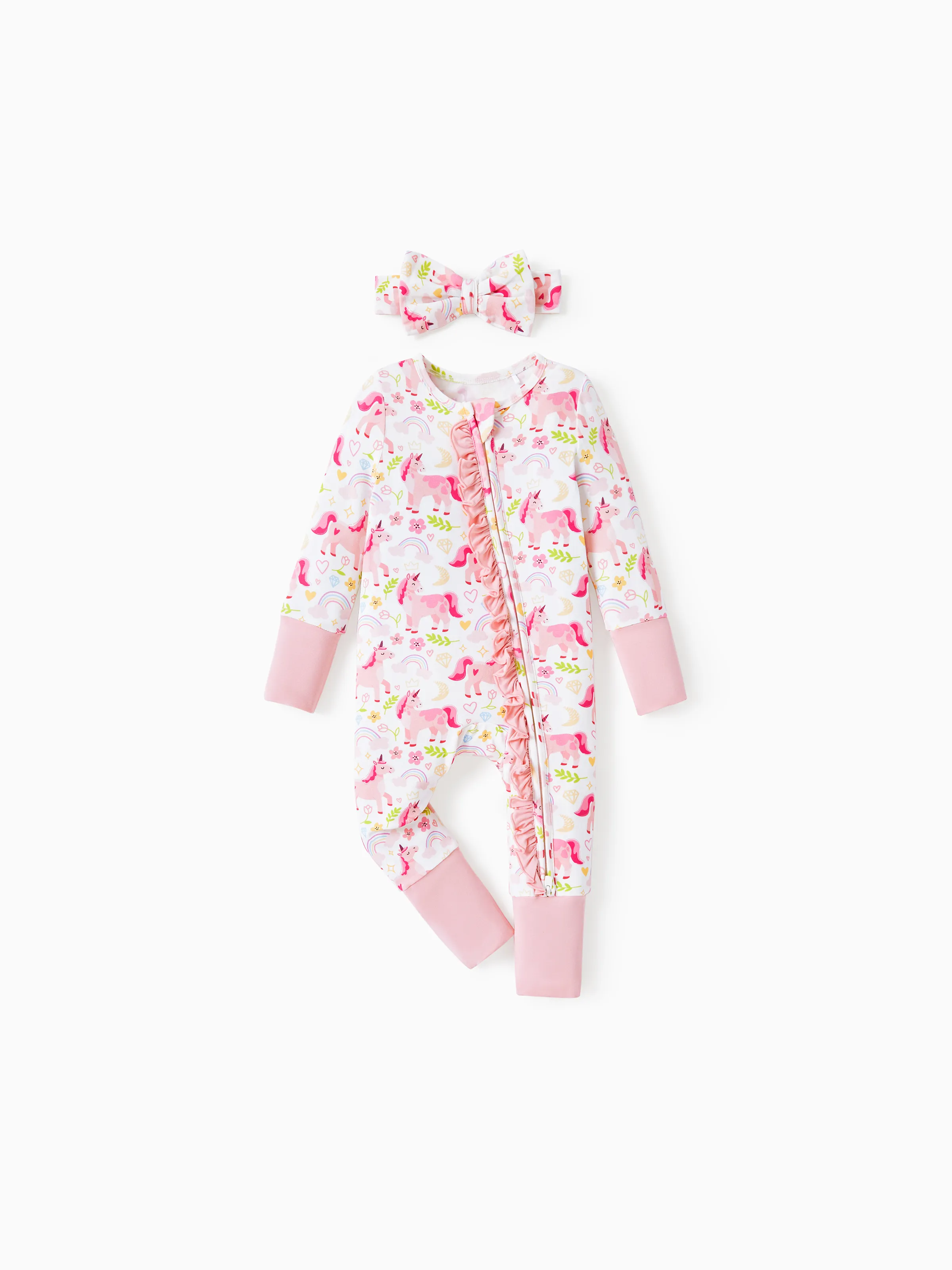 

Bamboo Baby Boy/Girl Animal Printed 2 Way Zipper Anti Slip Long-sleeve Footie with Hairband