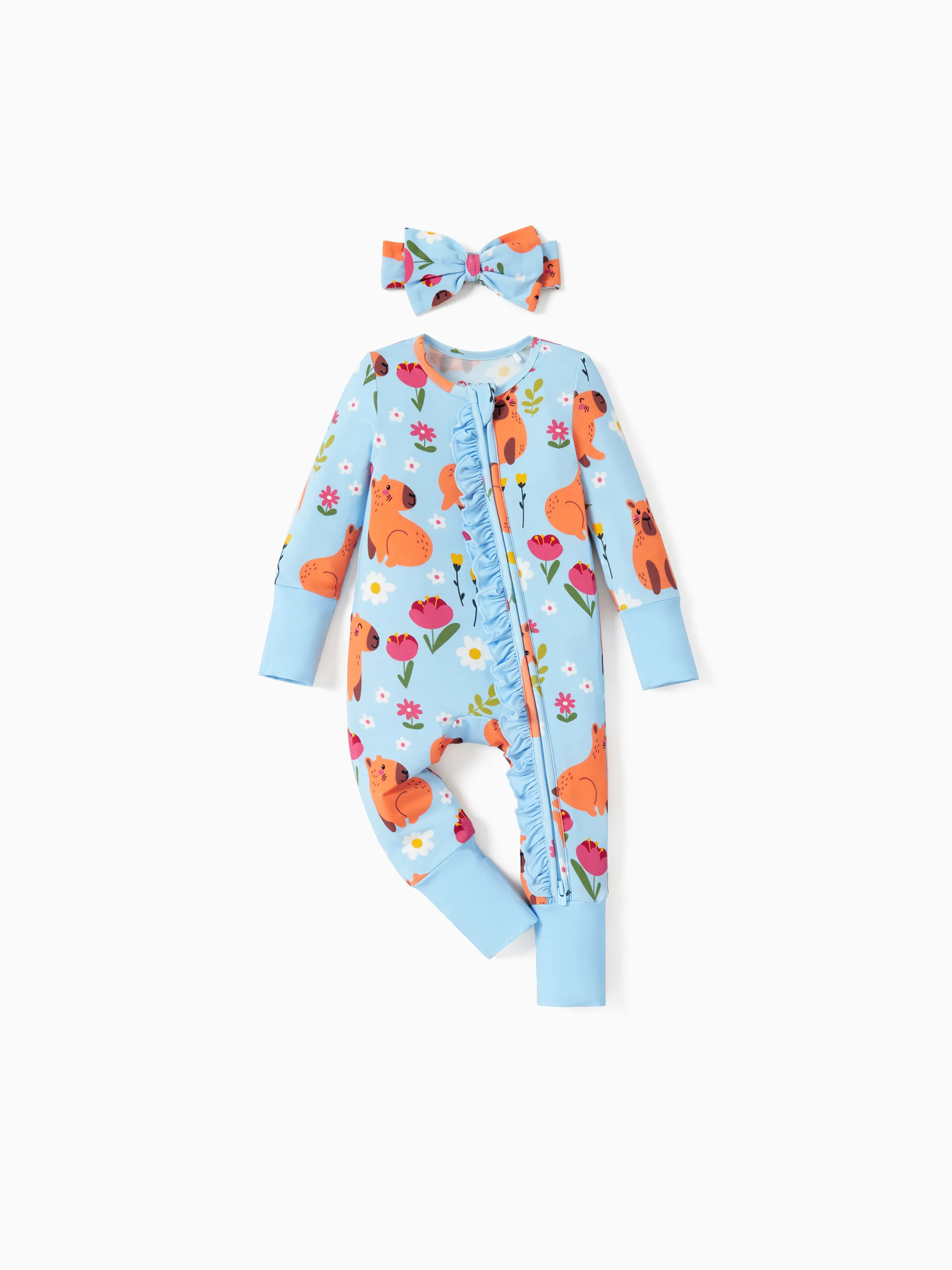 

Bamboo Baby Boy/Girl Animal Printed 2 Way Zipper Anti Slip Long-sleeve Footie with Hairband
