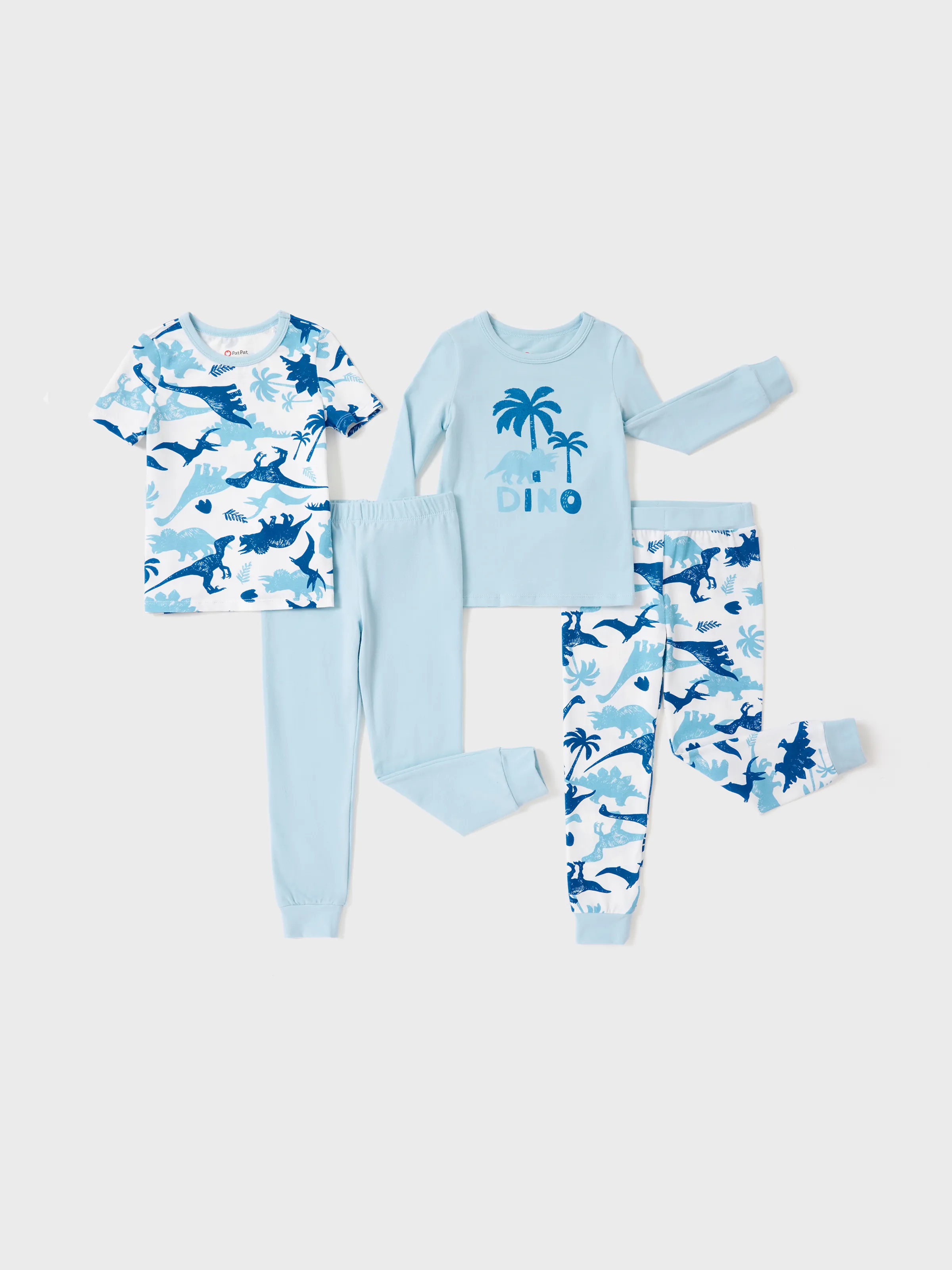 Toddler / Kids  4-piece Organic Cotton Pajamas 4-in 1 PJ Snug fit Pjs for Girls / Boys Light Blue