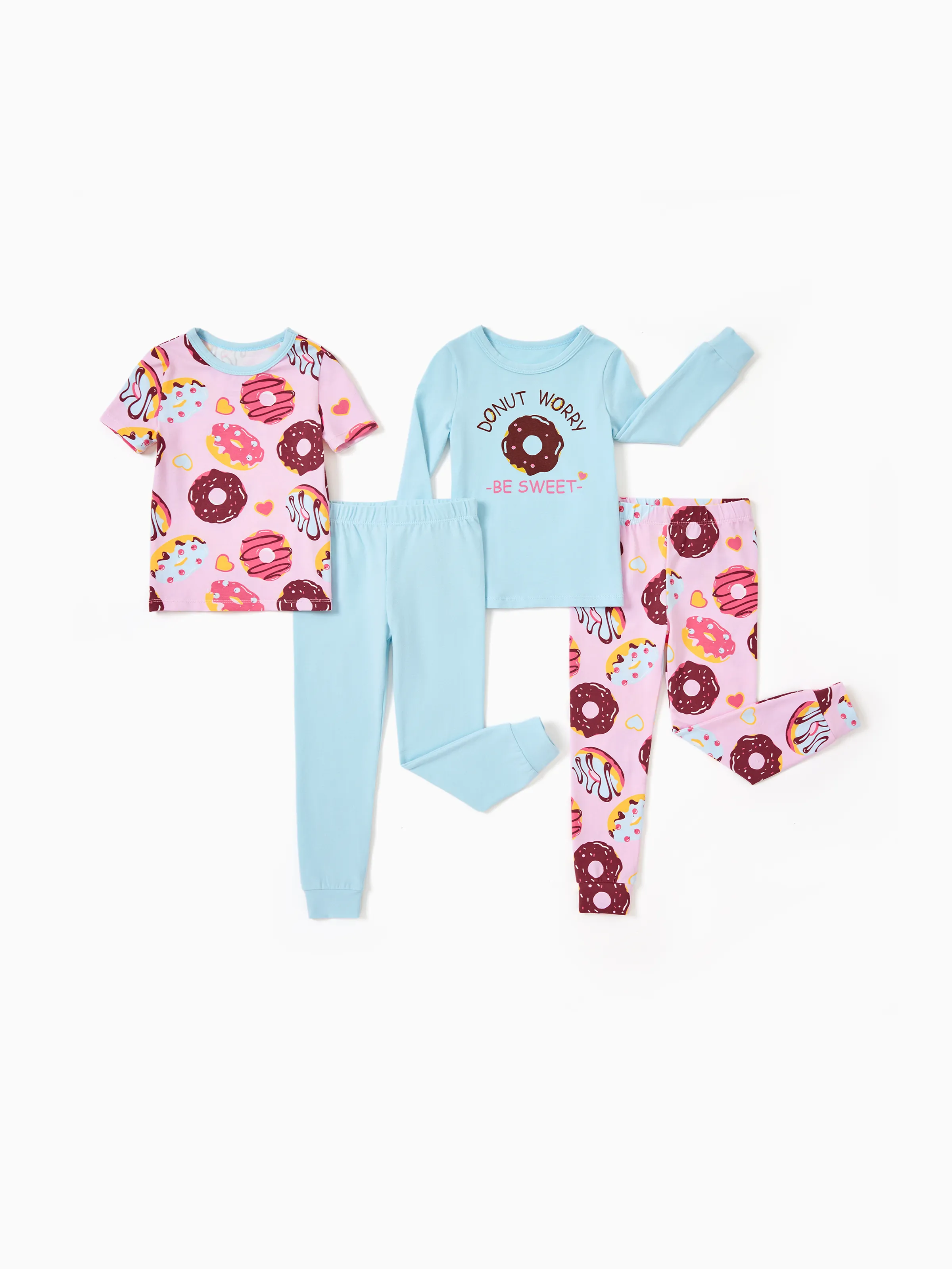 Pijama de algodón orgánico de 4 piezas para niños pequeños / niños 4 en 1 Conjunto de pijama ajustado para niñas Azul Claro