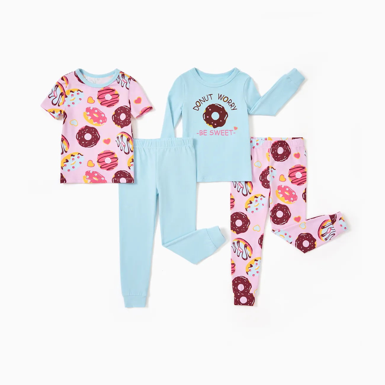 Toddler / Kids 4-piece Organic Cotton Pajamas 4-in 1 Snug fit PaJama Set for Girls