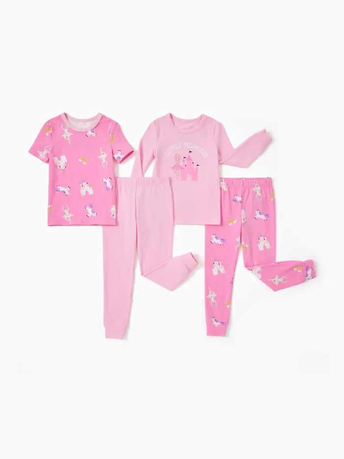 Pijama de algodón orgánico de 4 piezas para niños pequeños / niños 4 en 1 Conjunto de pijama ajustado para niñas