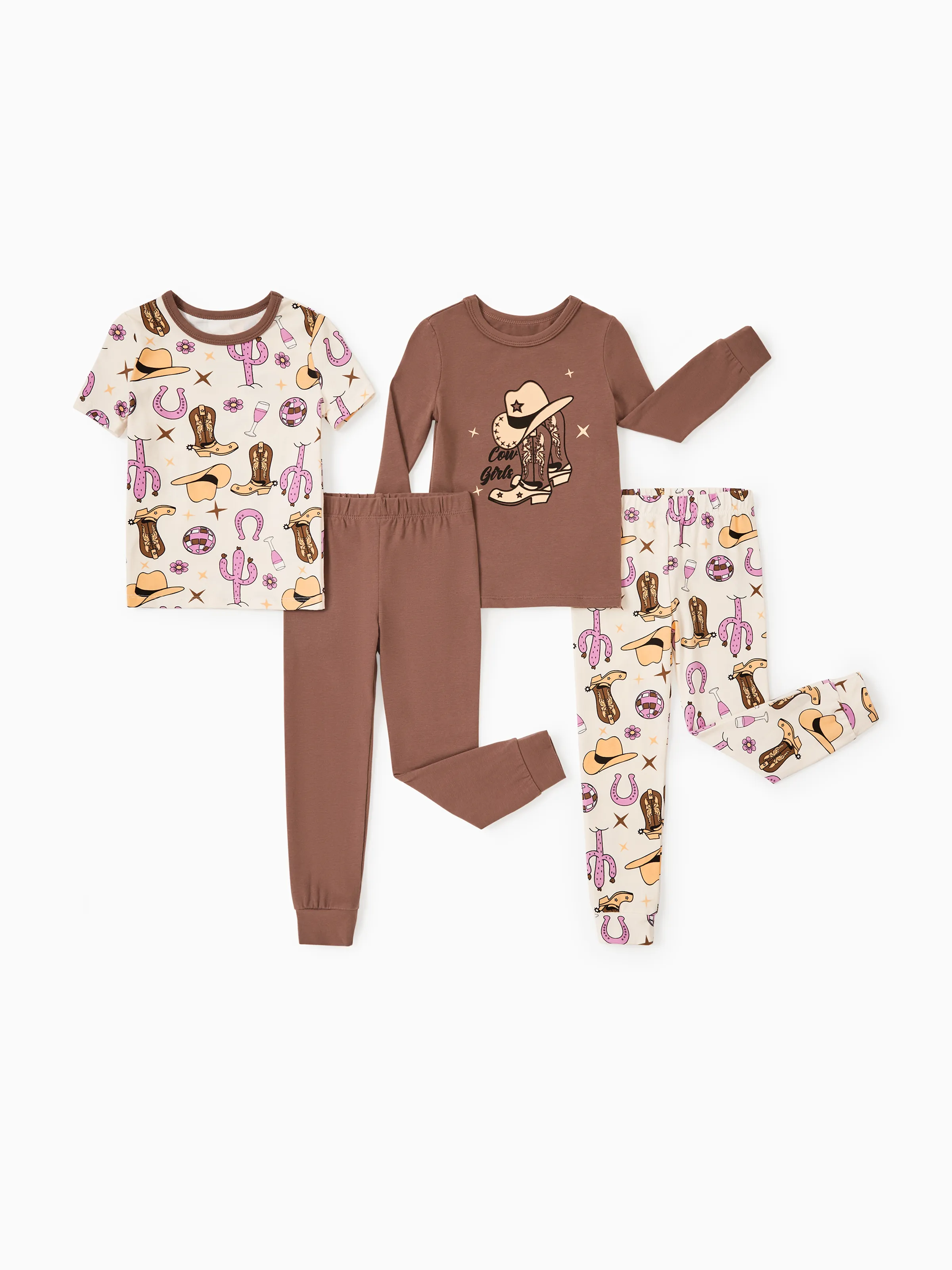 Pijama de algodón orgánico de 4 piezas para niños pequeños / niños 4 en 1 Conjunto de pijama ajustado para niñas Marrón