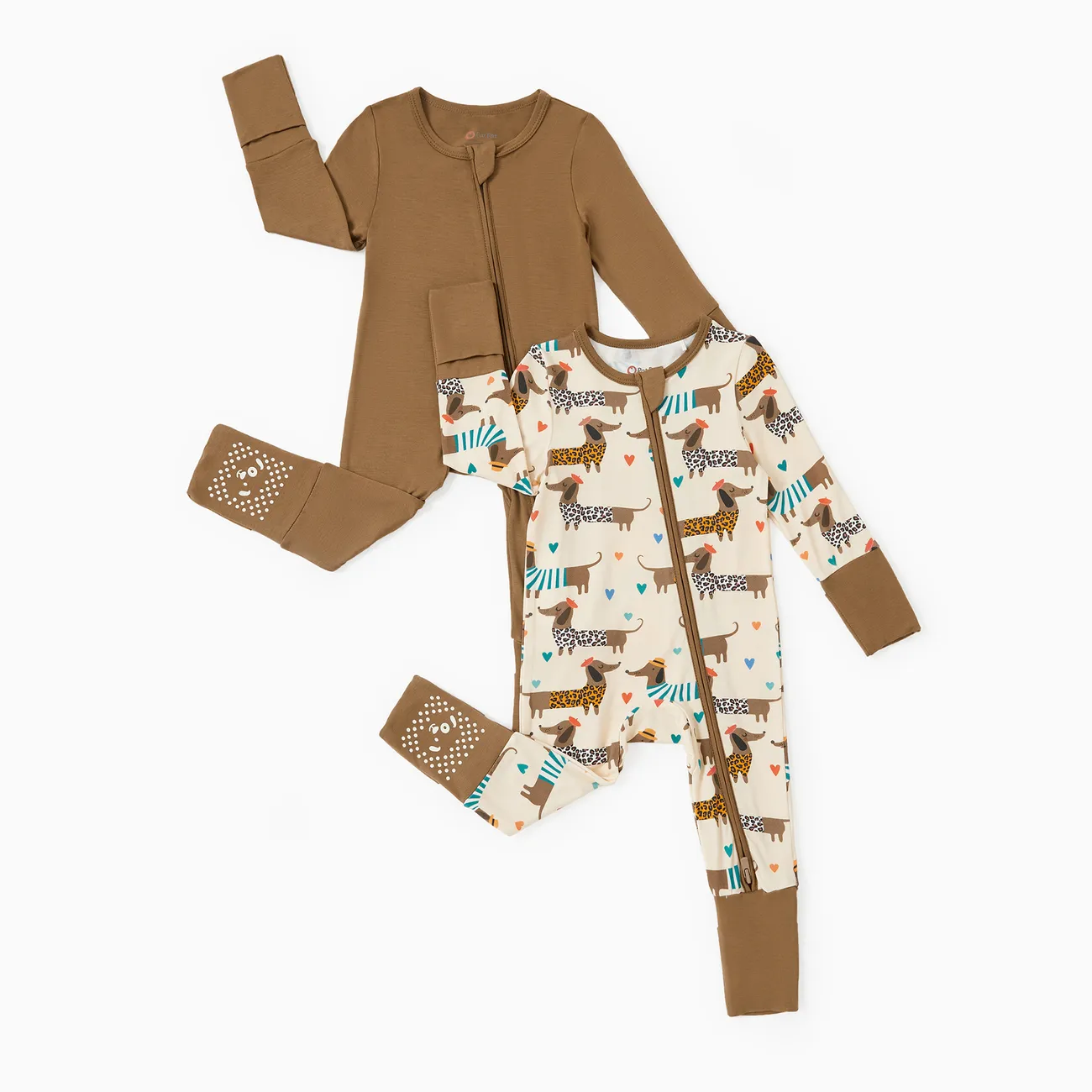 Bamboo Baby Boy/Girl 2-Pack Solid&Bee Printed 2-Way Zip Onesies Anti Slip Footie.