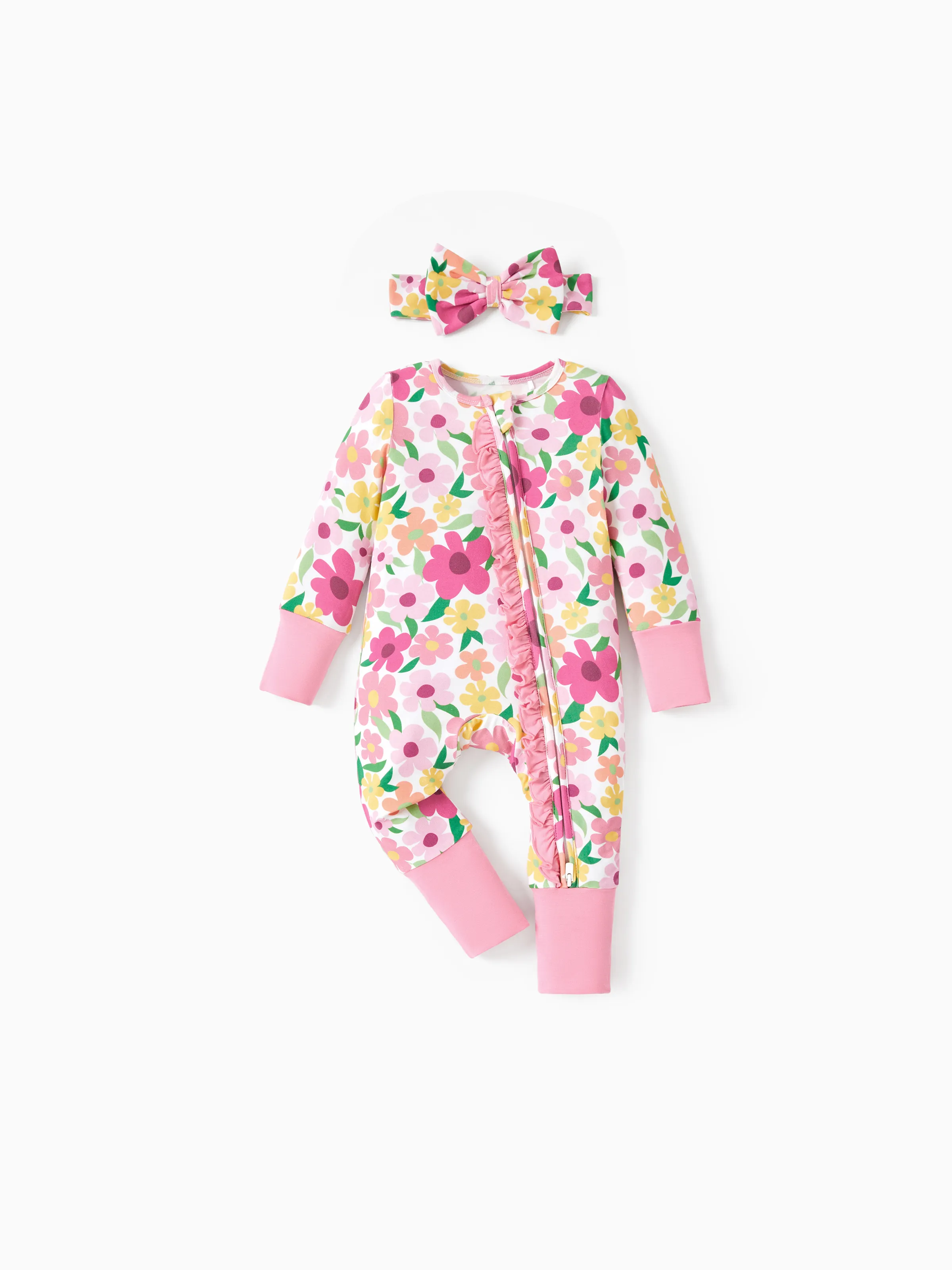 

Bamboo Baby Boy/Girl Animal Printed 2 Way Zipper Anti Slip Long-sleeve Footie with Hairband