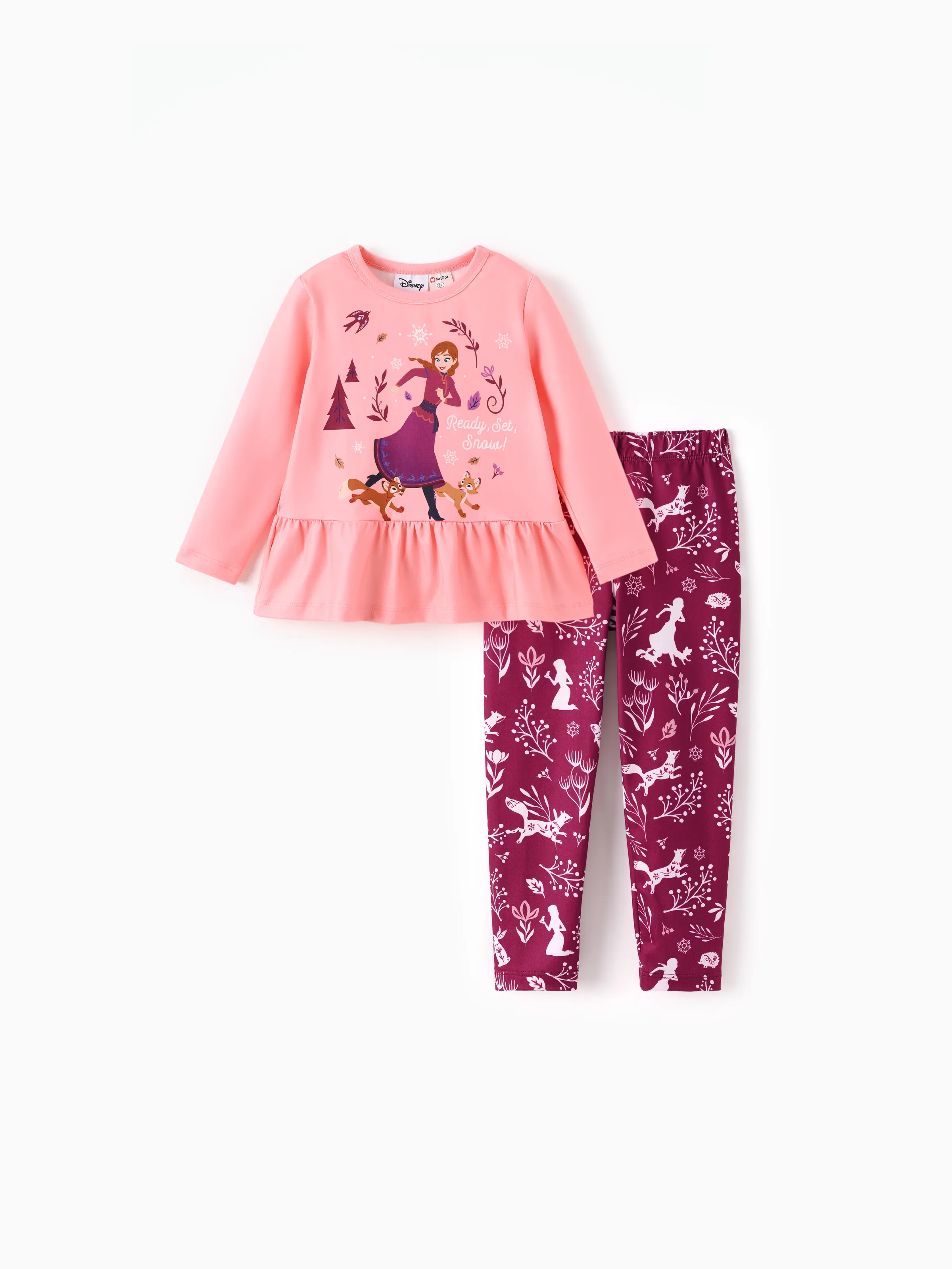 Disney La Reine des Neiges Toddler Fille 2pcs Anna/Elsa Imprimé Floral Haut à Volants et Leggings Ensemble