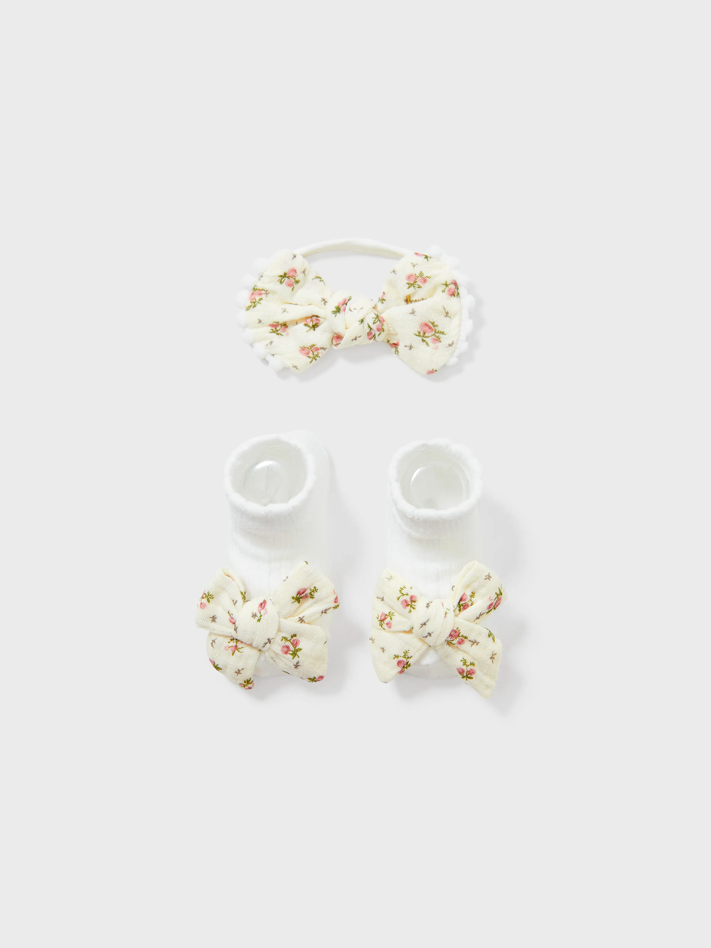 Paquete de 2 conjuntos de diadema y calcetines florales dulces para bebé niña Beige