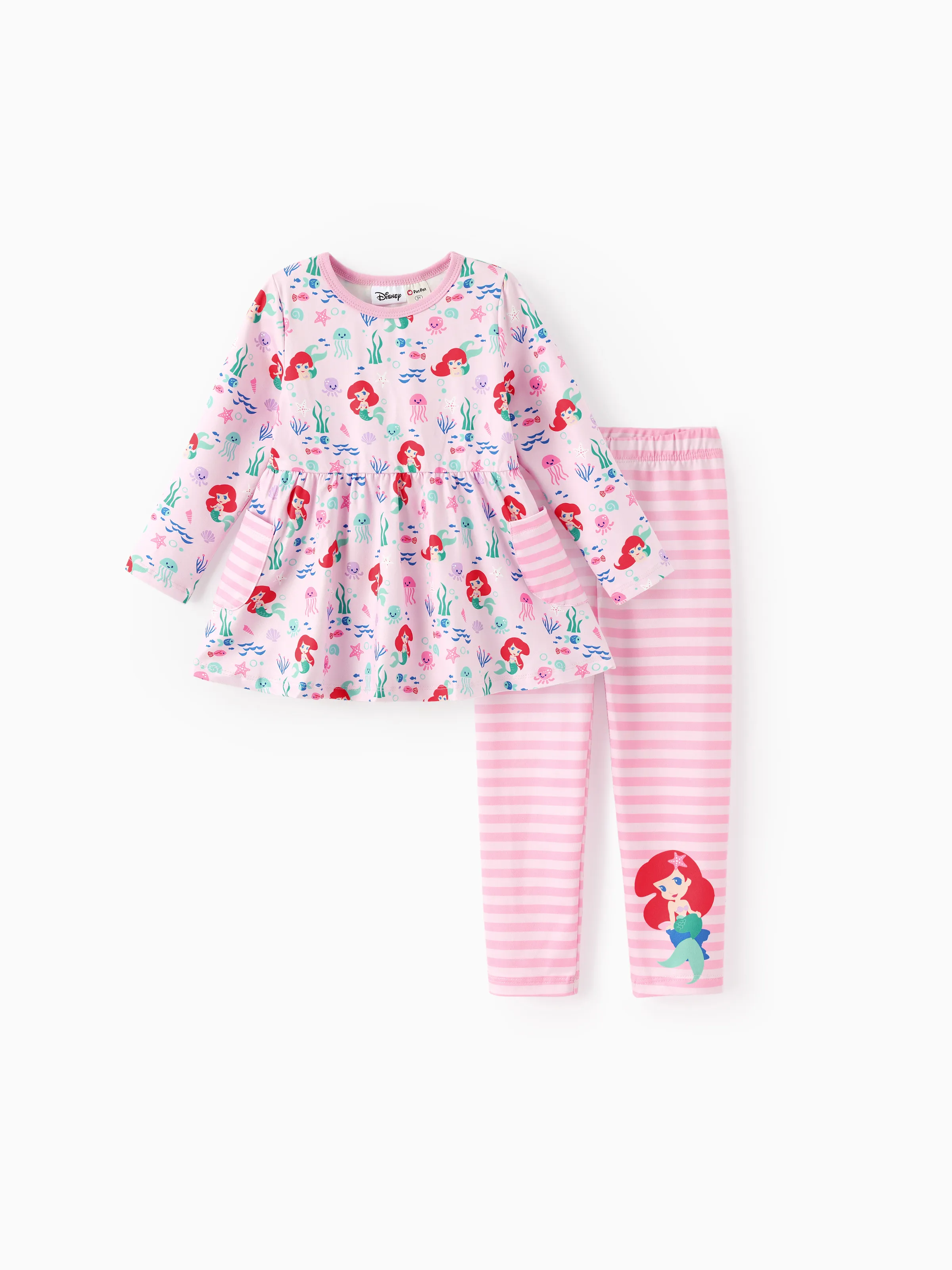 Disney Princess Baby/Toddler Girl Ariel 2pcs Striped Ruffle Tunic Top and Leggings Set