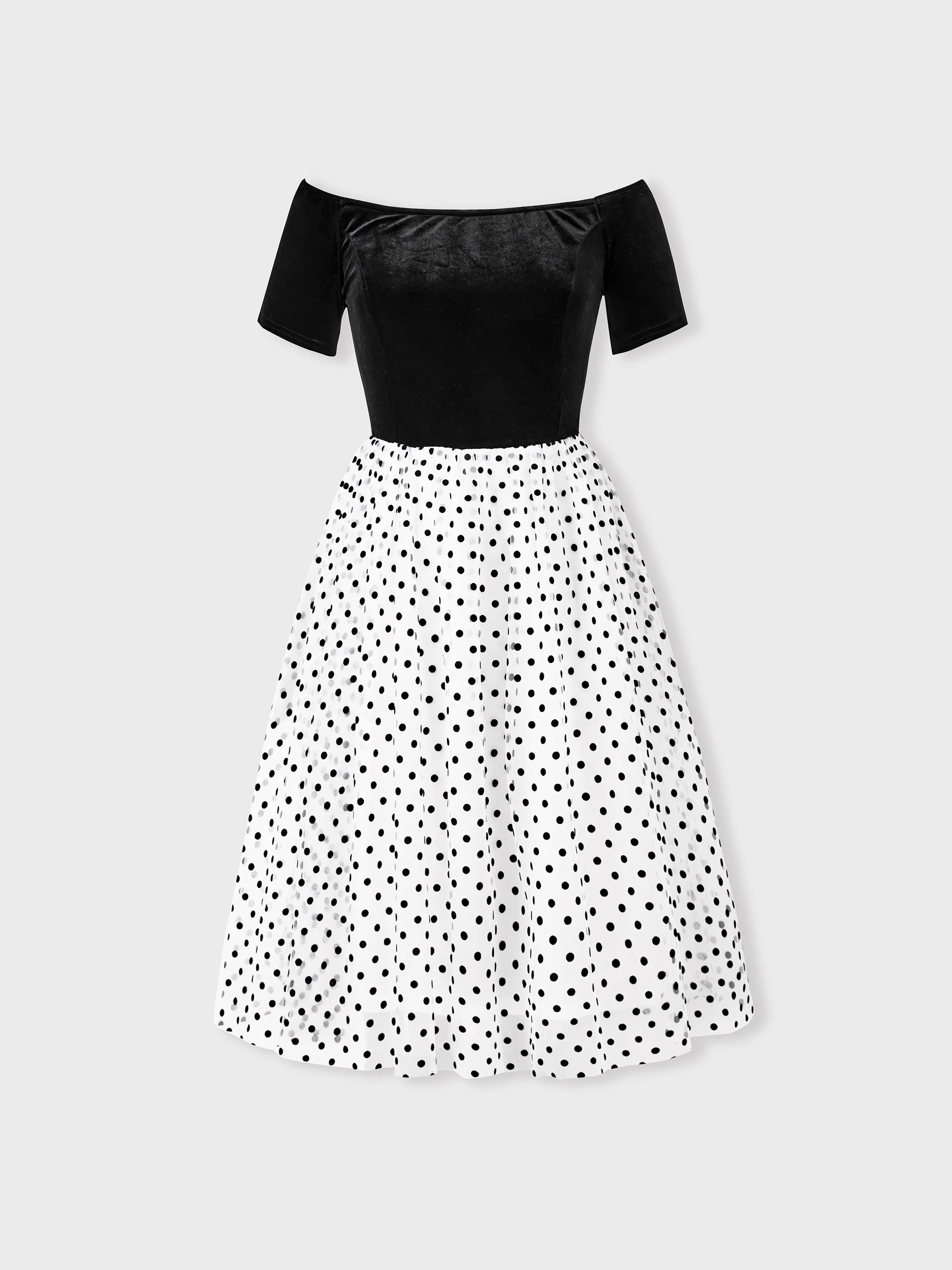 

Mommy and Me Dresses-Black Velvet Top Spliced Polka dot tulle Dresses