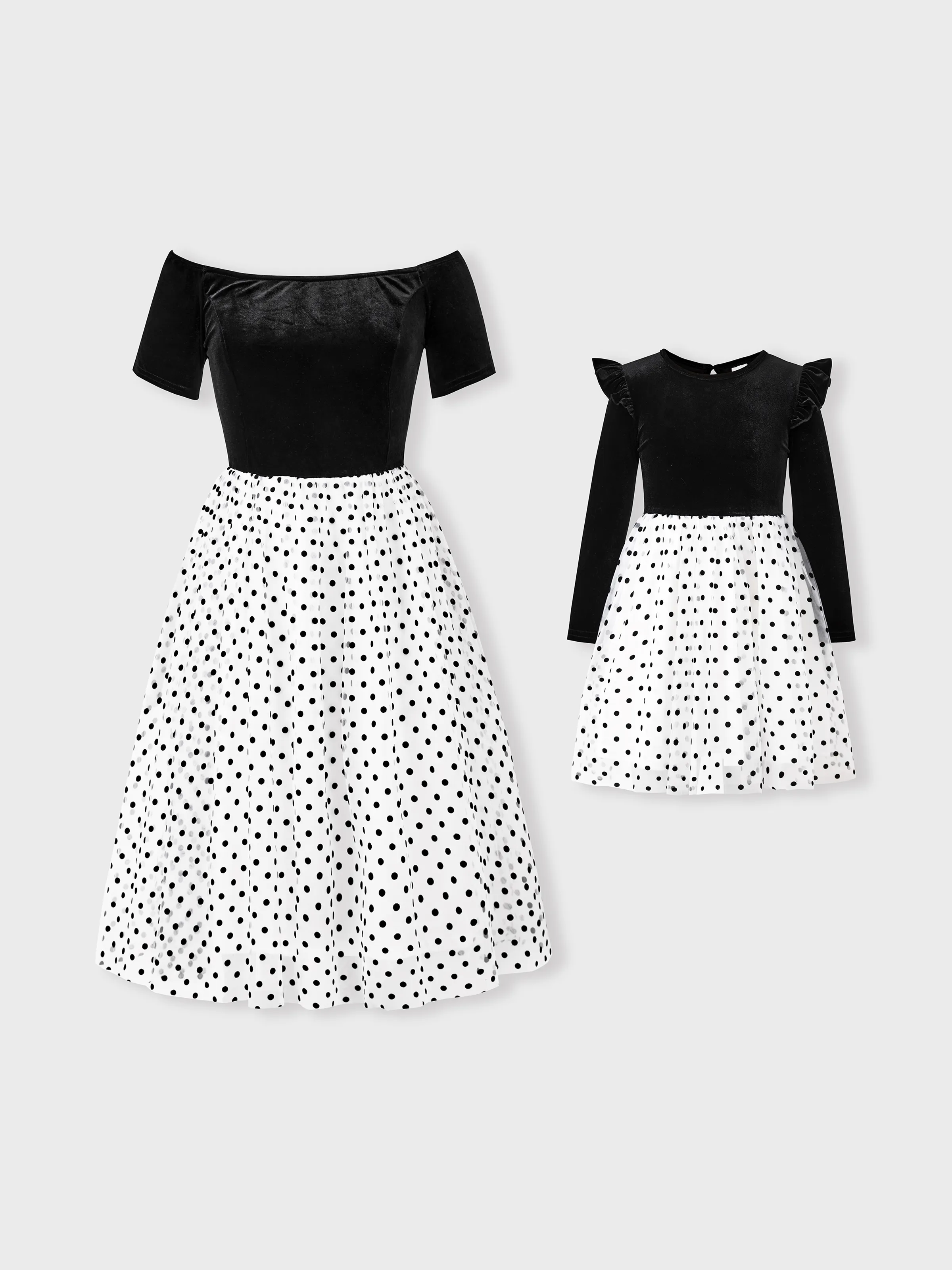 Vestidos de mamá y yo-Top de terciopelo negro Vestidos de tul de lunares empalmados 