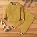 2pcs Solid Stripe Decor Knitted Long-sleeve Baby Set Yellow