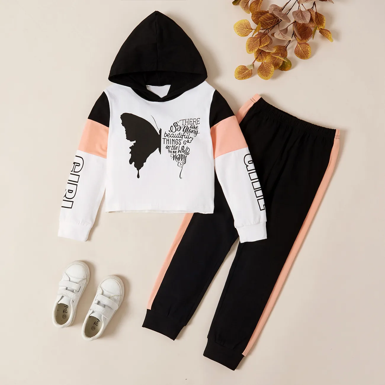 2-piece Kid Girl Butterfly Print Letter Hooded Sweatshirt and Pants Set White big image 1