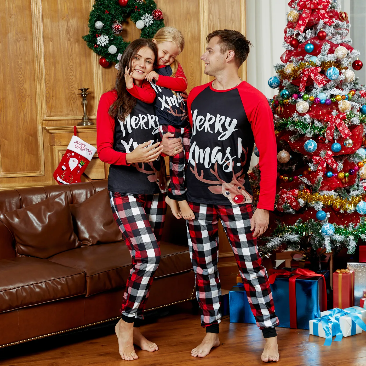 Mosaic Family Matching Reindeer Merry Christmas Pajamas Set(Flame Resistant) Black/White/Red image 3