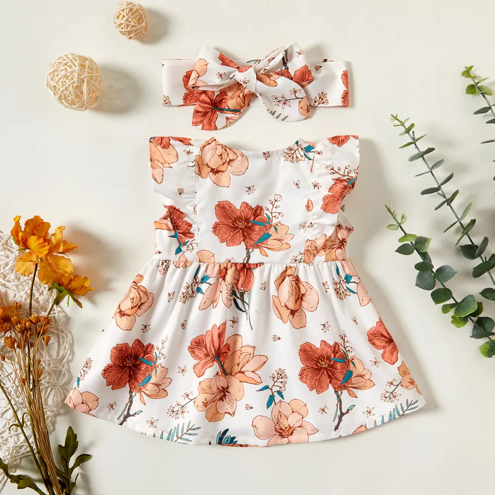 2pcs Baby Girl 100% Cotton Solid/Floral-print Sleeveless Ruffle Button Up Dress with Headband Set big image 4