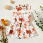 2pcs Baby Girl 100% Cotton Solid/Floral-print Sleeveless Ruffle Button Up Dress with Headband Set  image 4