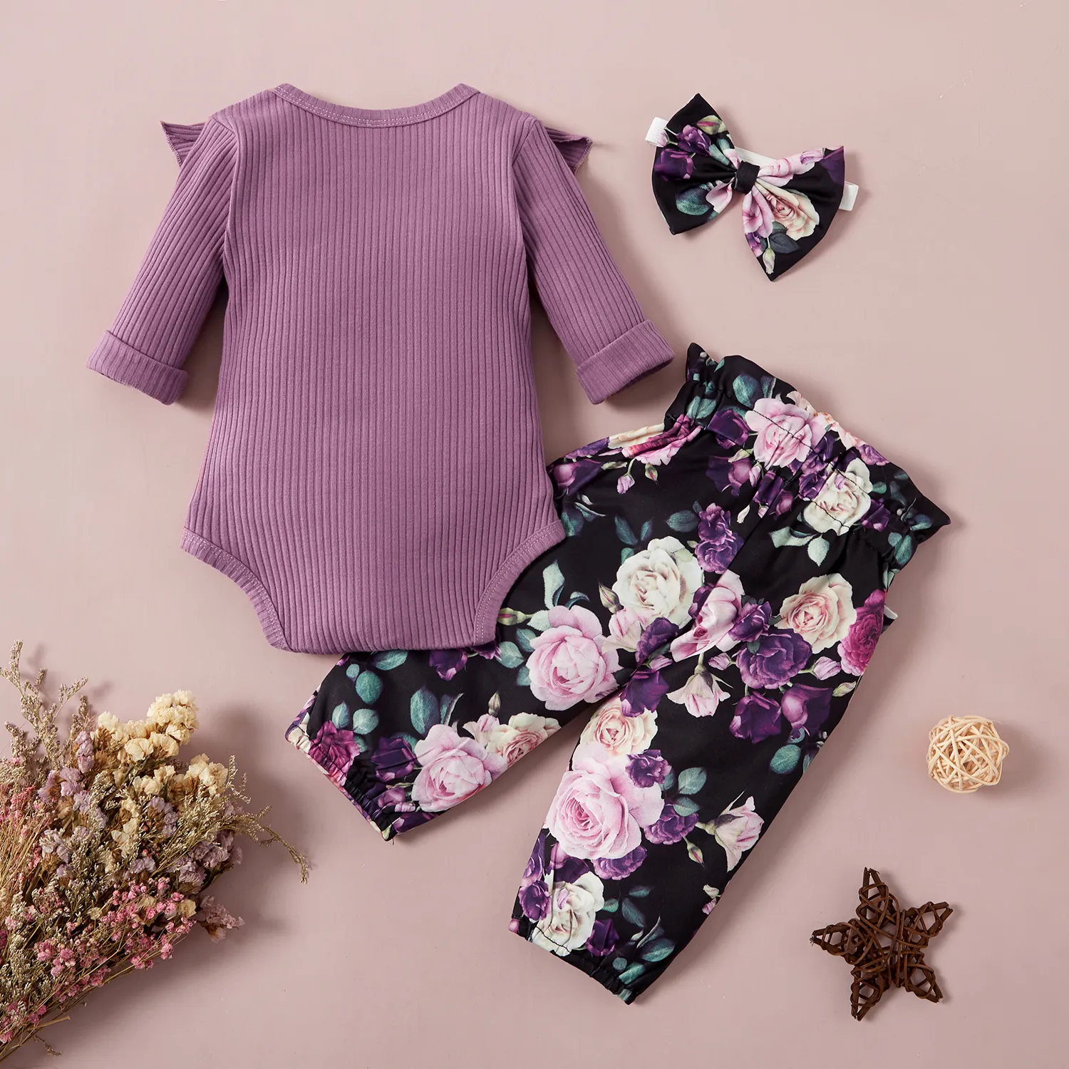 3 unidades Bebé Menina Mangas franzidas Flores isoladas Bonito Conjunto para bebé Roxa image 2