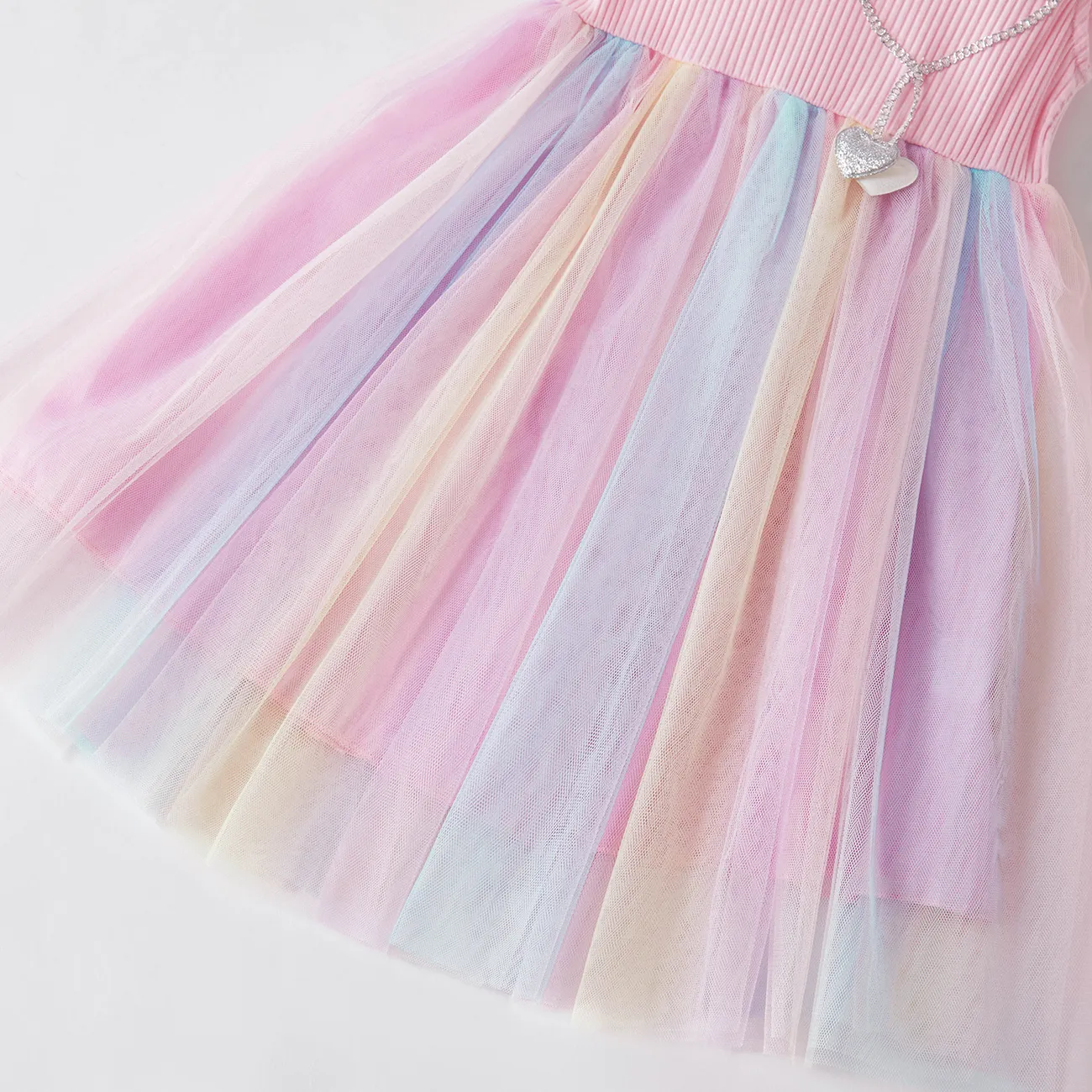 漂亮的孩子女孩公主飛袖心形彩虹網紗派對禮服 粉色 big image 1