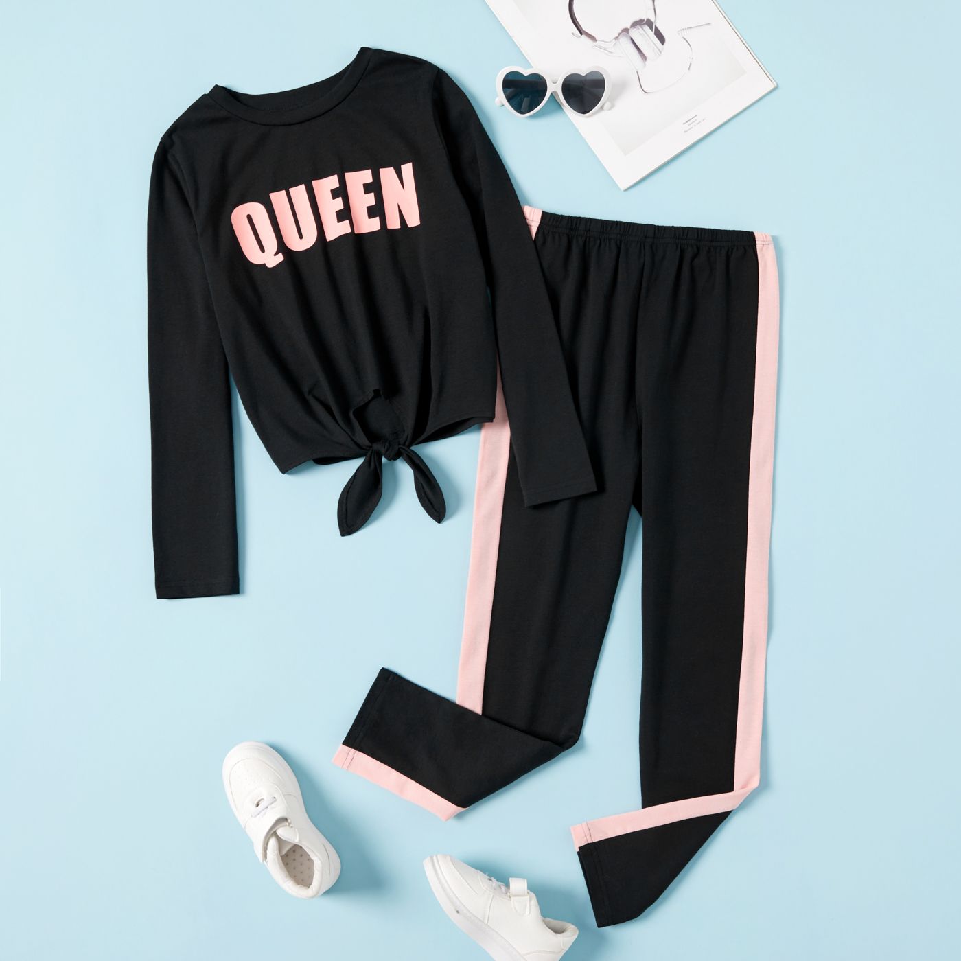 2-piece Kid Girl Letter Print Tie Knot Long-sleeve Tee And Colorblock Pants Set