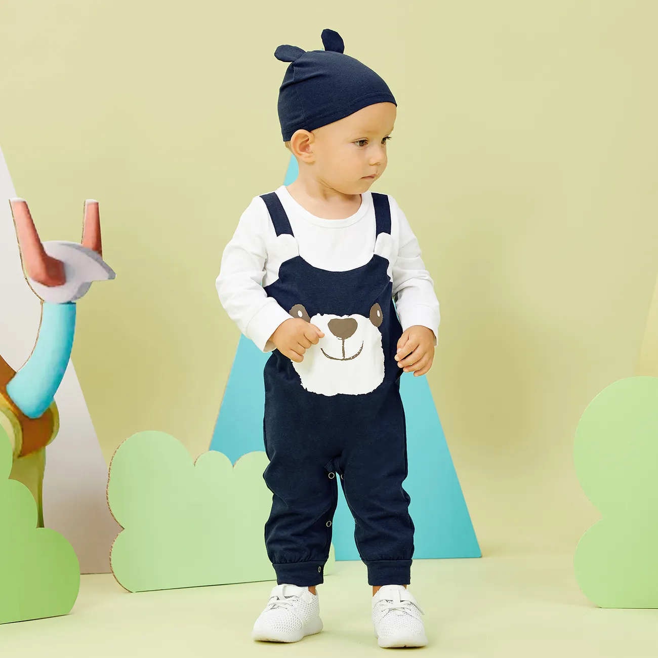 2pcs Baby Boy 95% Cotton Long-sleeve Faux-two Cartoon Panda Jumpsuit with Hat Set Royal Blue big image 1