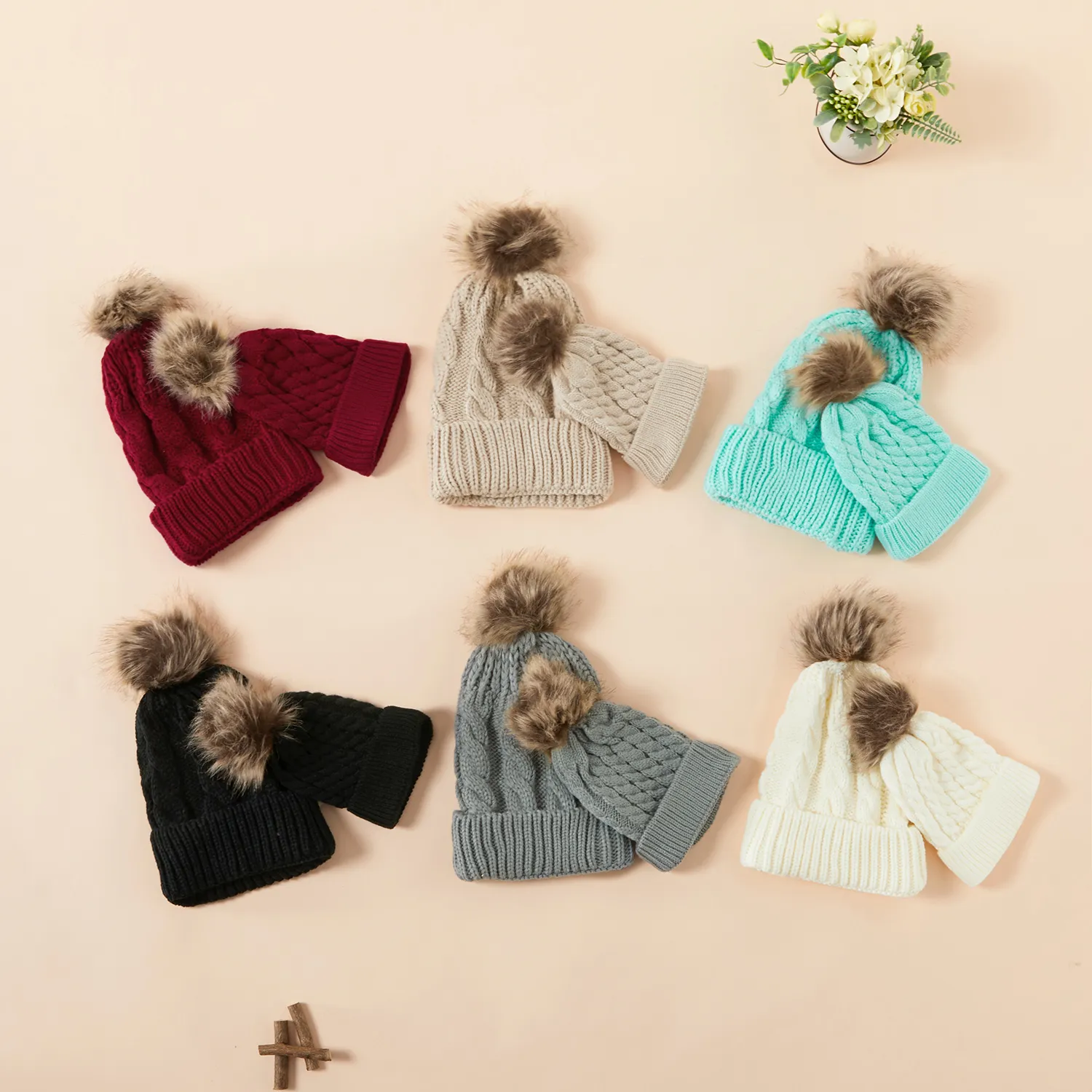 Autumn/Winter Multicolor Hairball Knit Beanie Hats  image 6